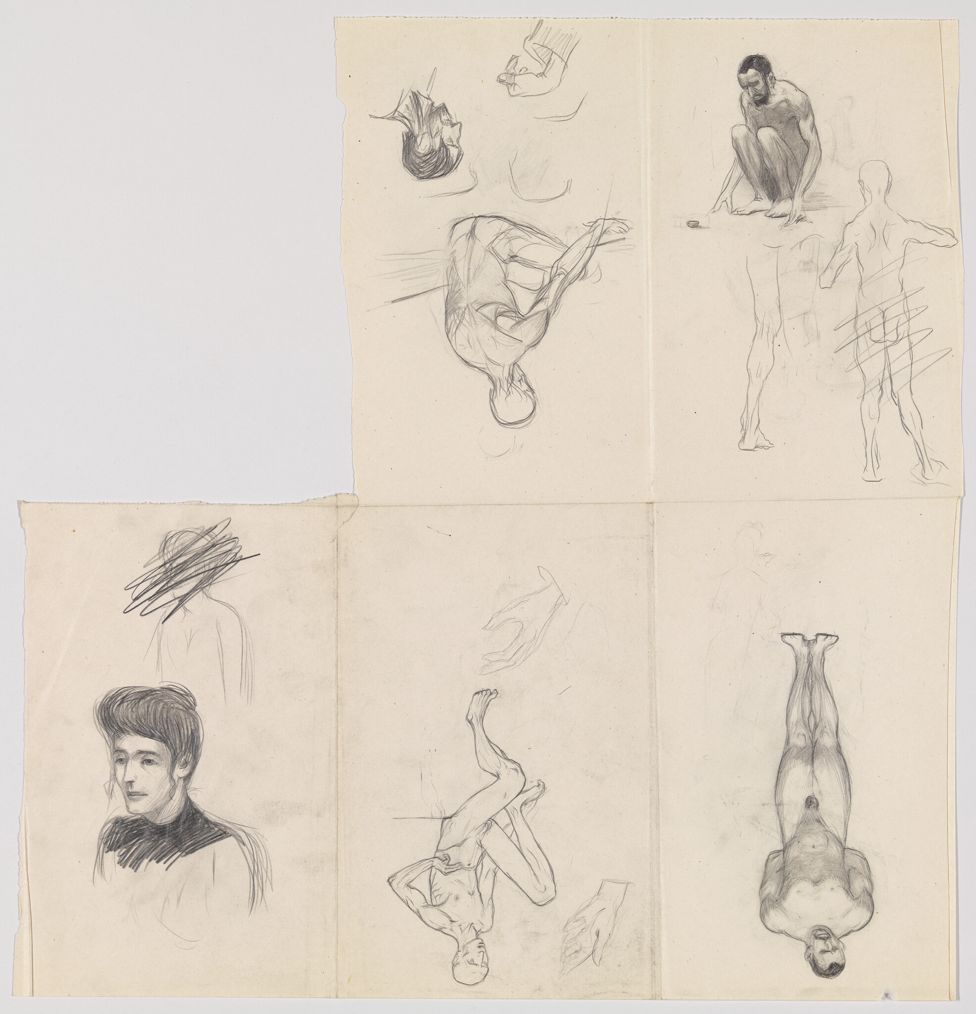 Multiple pencil figure studies show male nudes in varied poses and a seated female portrait.