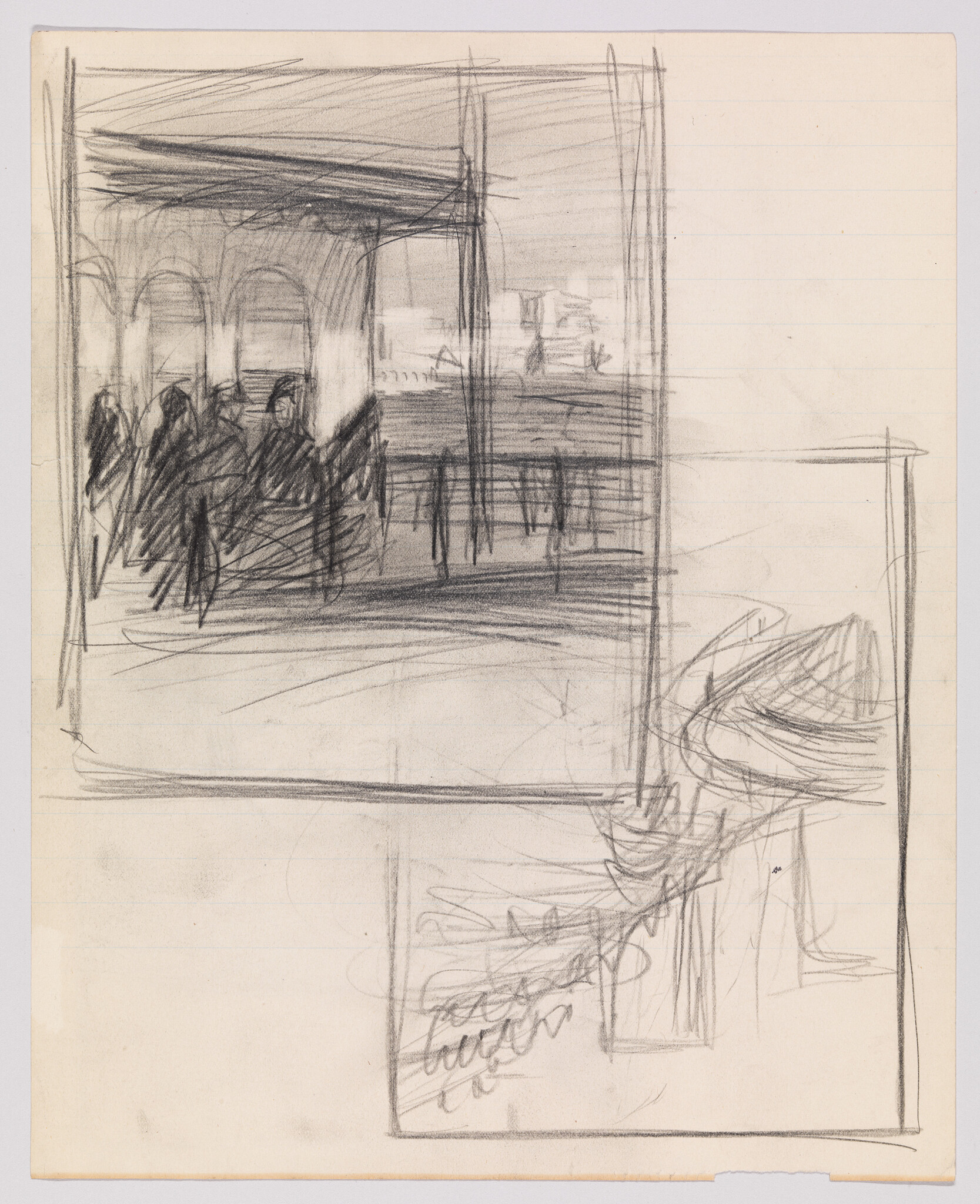 Rough pencil sketch showing a group of people standing under an arched shelter overlooking a railing.