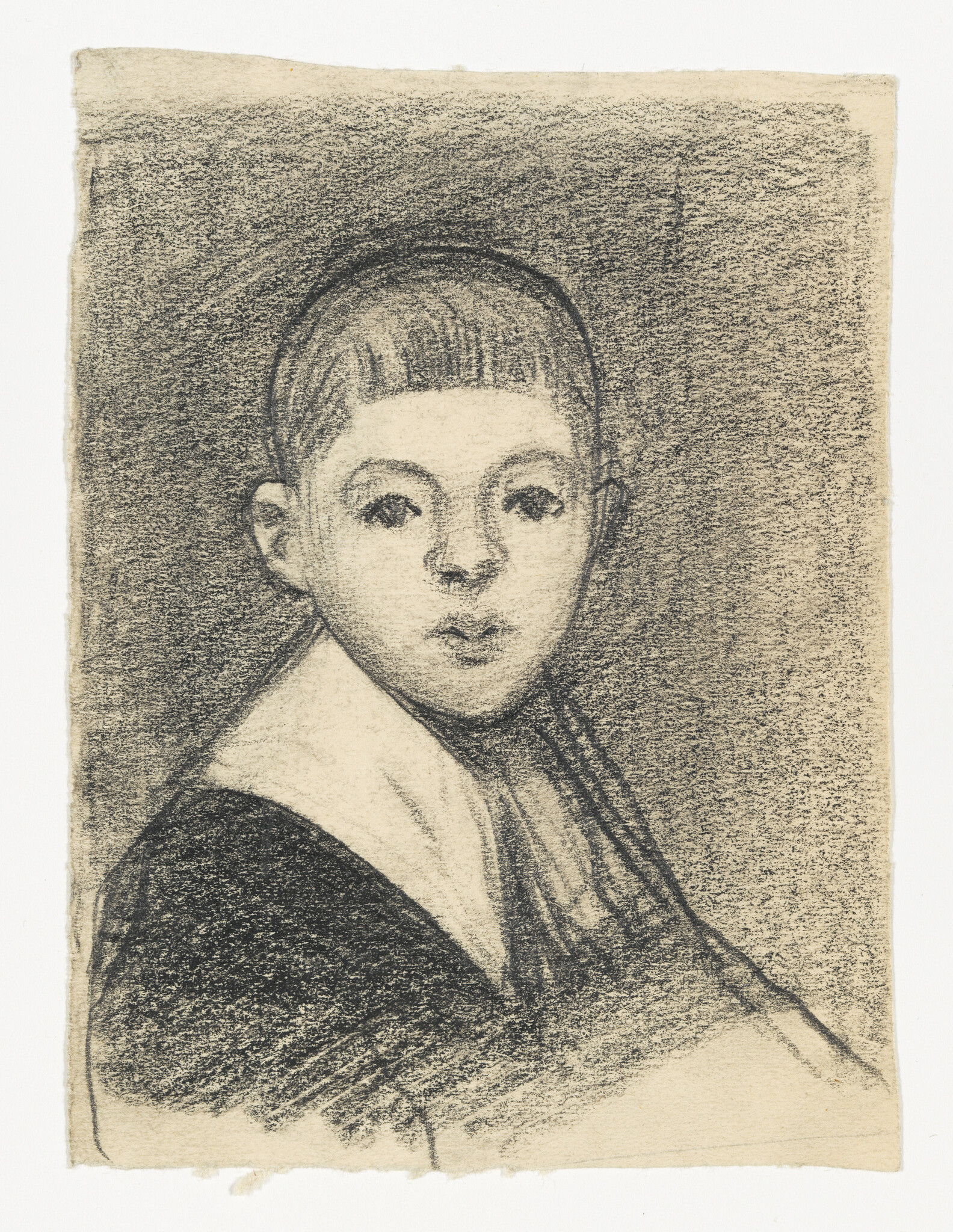 Young child with short haircut and white collar looks directly at the viewer in a charcoal portrait.