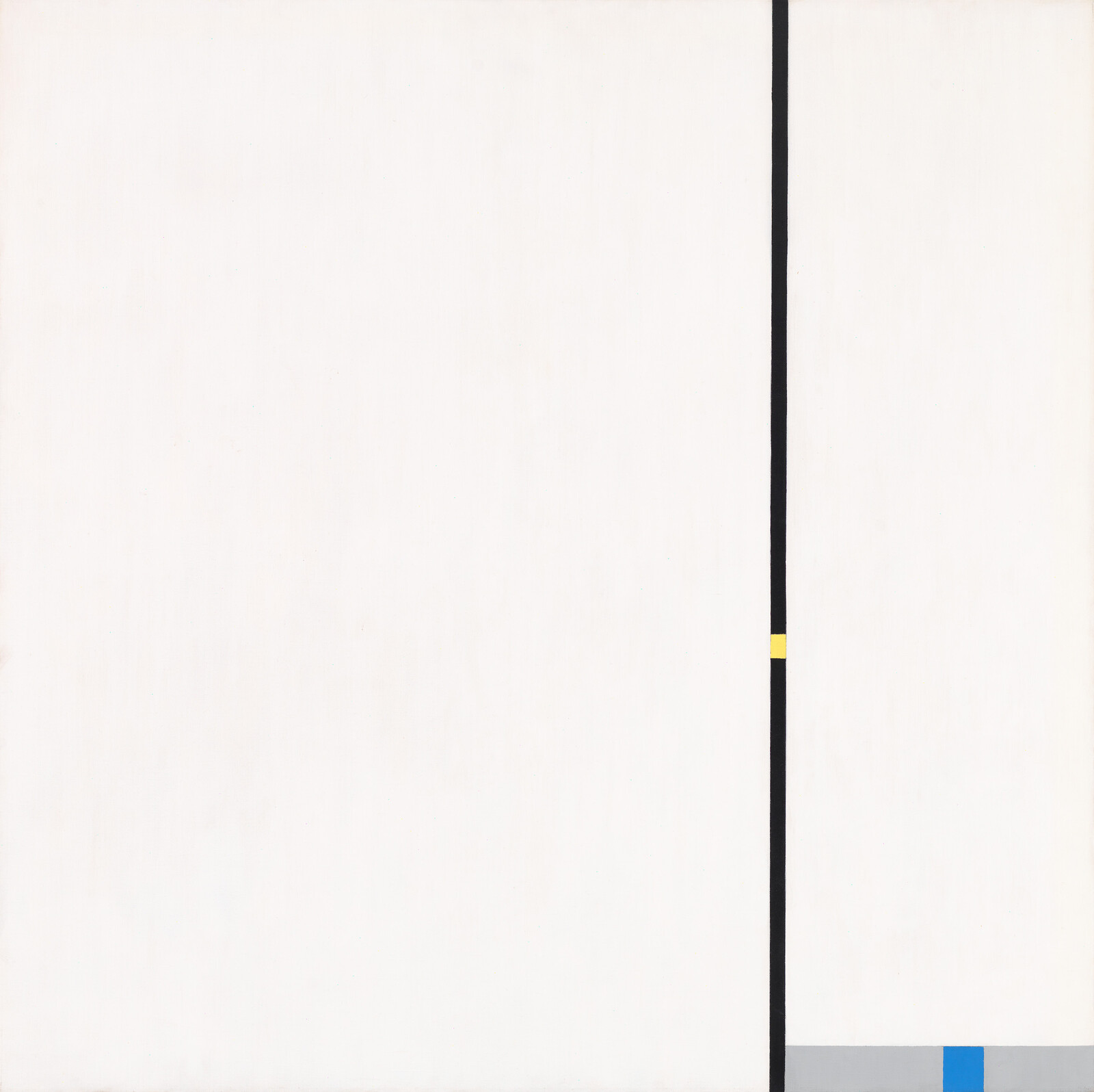 A minimalist painting featuring a large white canvas split by a thin black vertical line, with a small yellow square near the top and a small blue rectangle at the bottom.