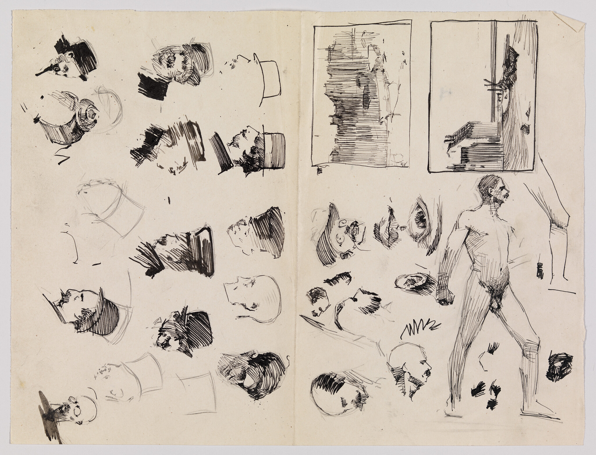 Multiple ink sketches of male heads and a standing nude figure on a two-page sketchbook spread.