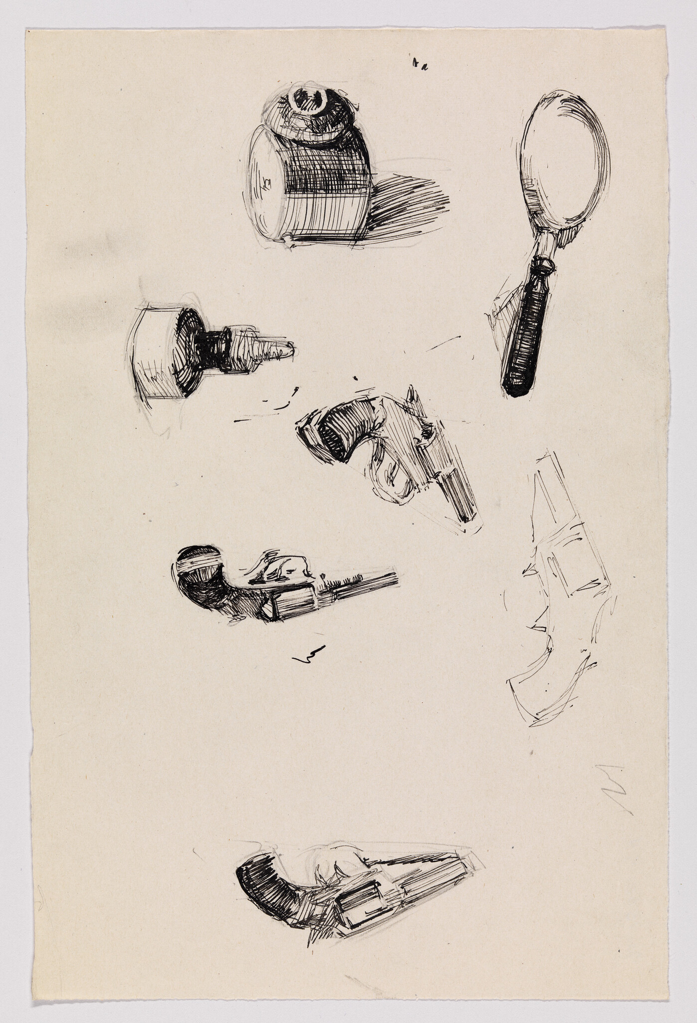 Multiple ink sketches of a magnifying glass, smoking pipes, and small pistols on paper.