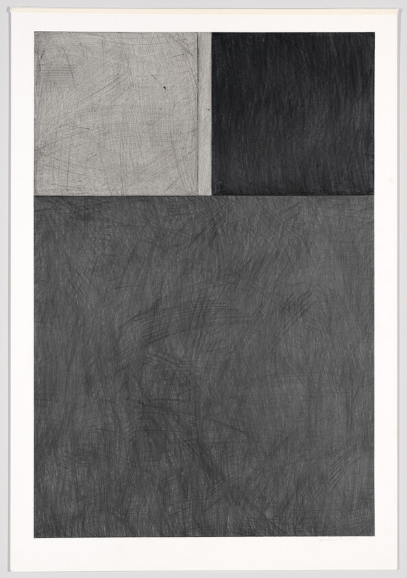 Three rectangular panels with scratched pencil textures: a large dark panel below and two smaller panels above.