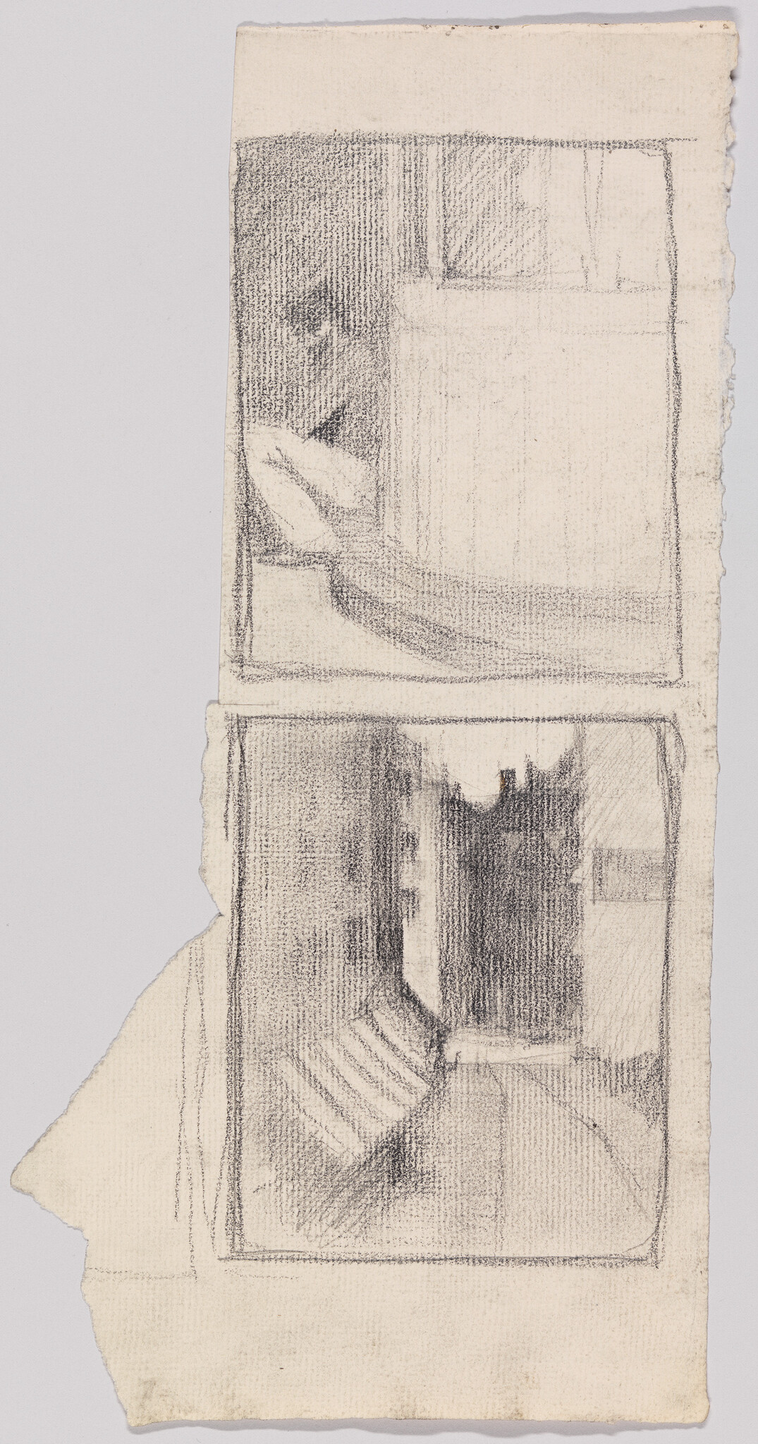 Two rectangular charcoal sketches showing a person on a bed near a window and a shadowed interior.