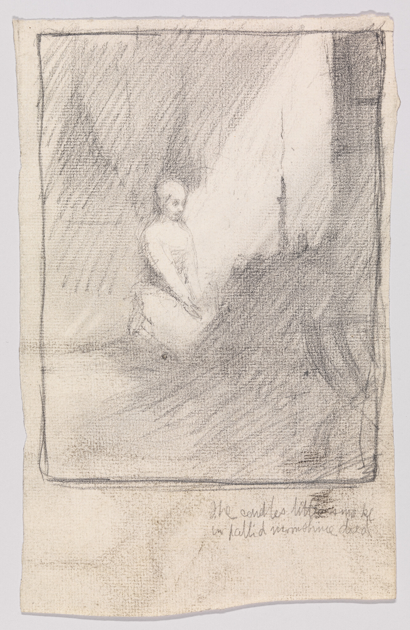 A softly shaded pencil sketch of a seated woman kneeling in a beam of light.
