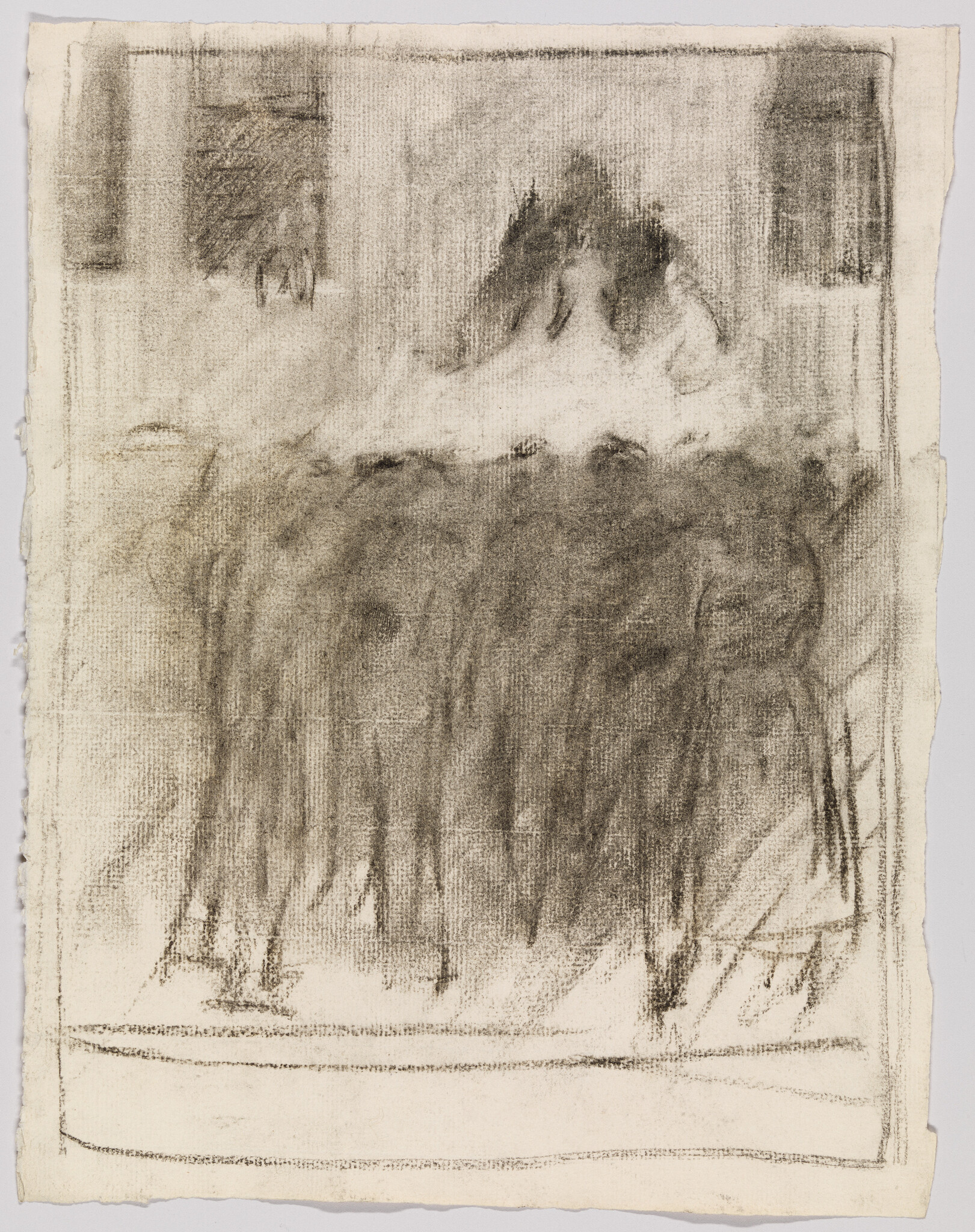 A soft charcoal sketch showing a woman reclining on a bed with dark draped blanket.