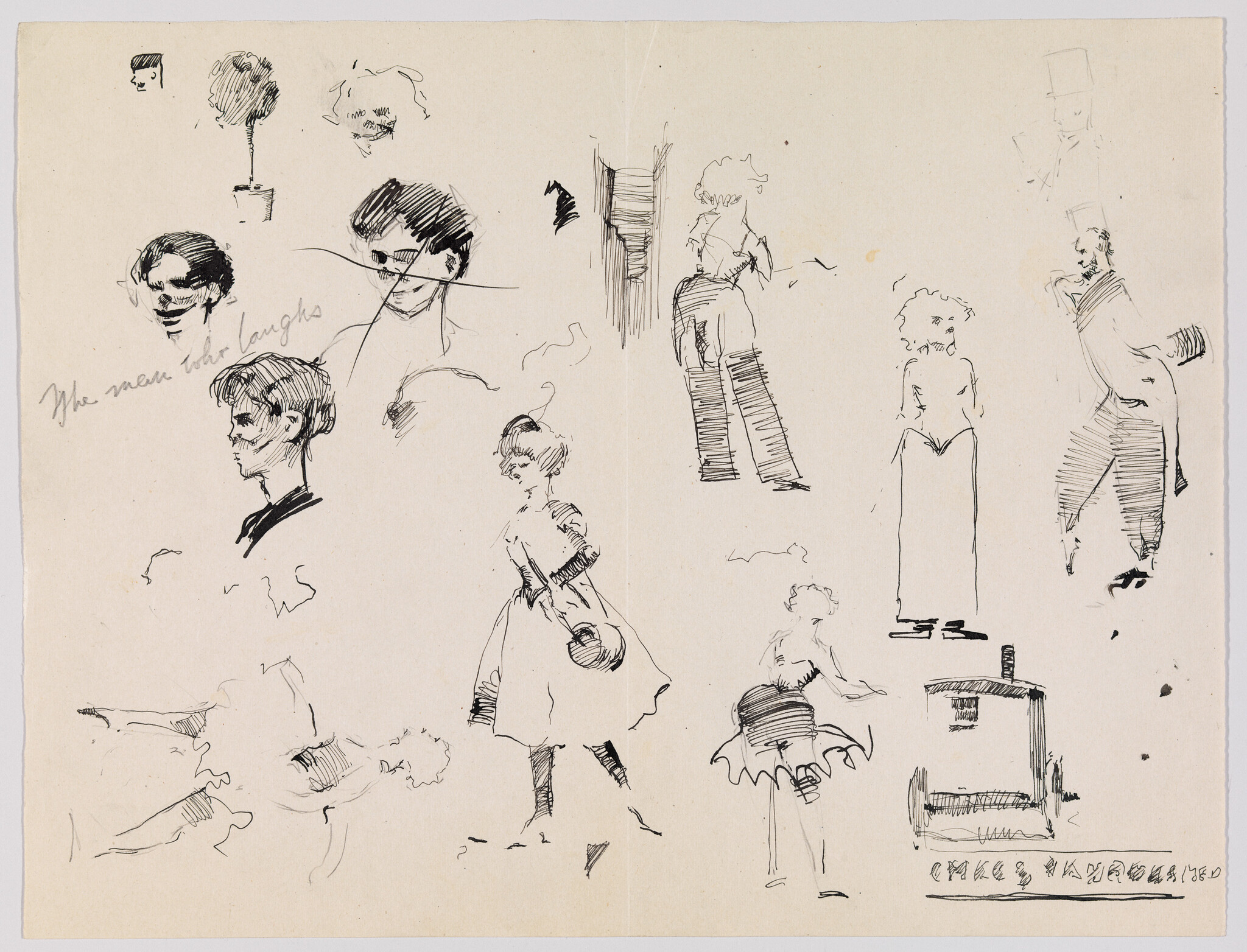 Several quick ink sketches of men, women, and children in different poses and profiles.