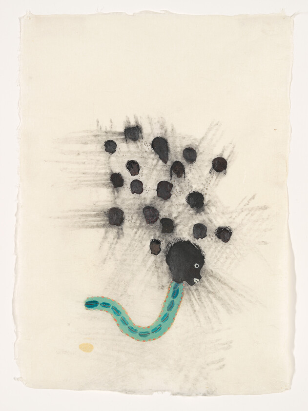An abstract artwork on textured paper featuring a cluster of black ink blots with radiating pencil lines, and a whimsical depiction of a snake in turquoise with orange accents at the bottom, seemingly connected to the ink blots. A solitary yellow dot is present near the snake's tail.