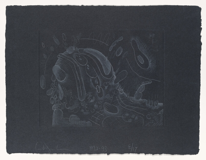 A dark-colored abstract artwork on paper with white and light gray etchings that resemble various shapes and scribbles. There are handwritten inscriptions at the bottom, including a signature and a date marked as 1992-93, as well as an edition number on the right side. The paper has rough, uneven edges.