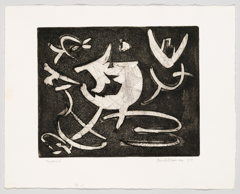 Abstract black-and-white etching showing curved, ribbon-like shapes and scratches on a dark background.