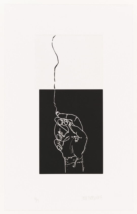 A minimalist black and white artwork featuring a line drawing of a hand with a squiggly line extending from the fingertip upwards. The drawing is set against a black square background, which is centered on a larger white paper canvas. There are signatures and edition numbers at the bottom of the paper.