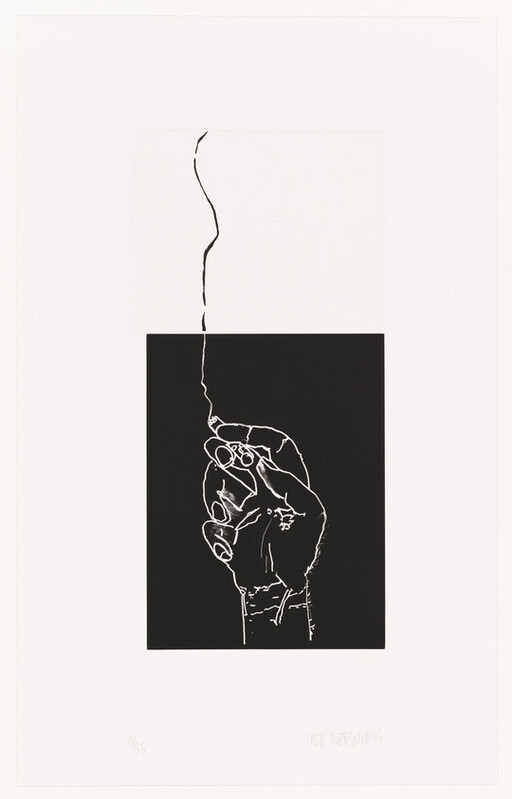 A hand holding a lit cigarette with thin smoke rising upward against a black and white background.