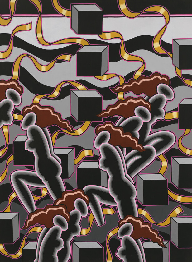 Multiple silhouetted figures with flowing brown hair jump among floating gray cubes and yellow ribbons.