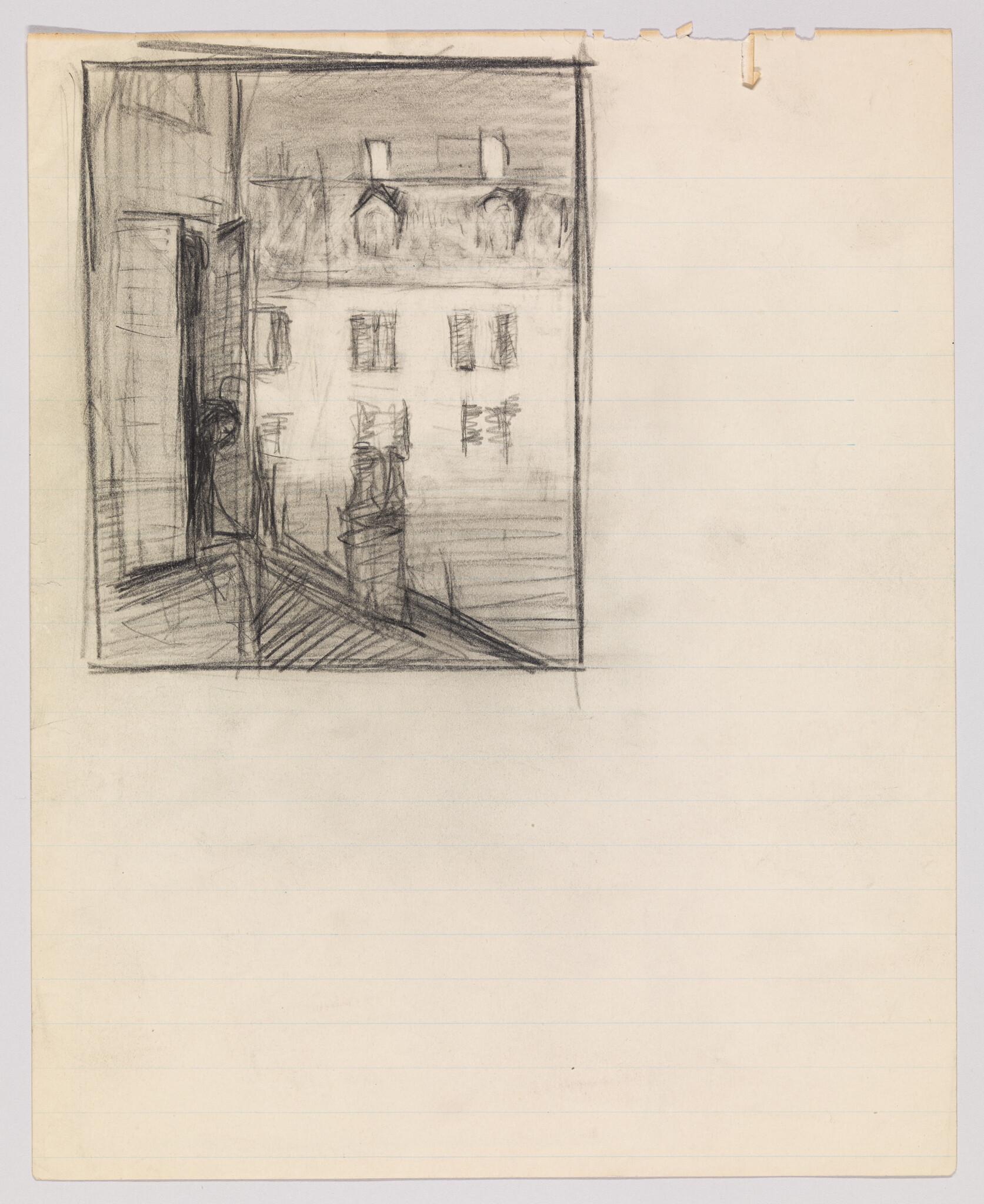 Pencil sketch of an open window showing a rooftop chimney and distant building on lined paper.