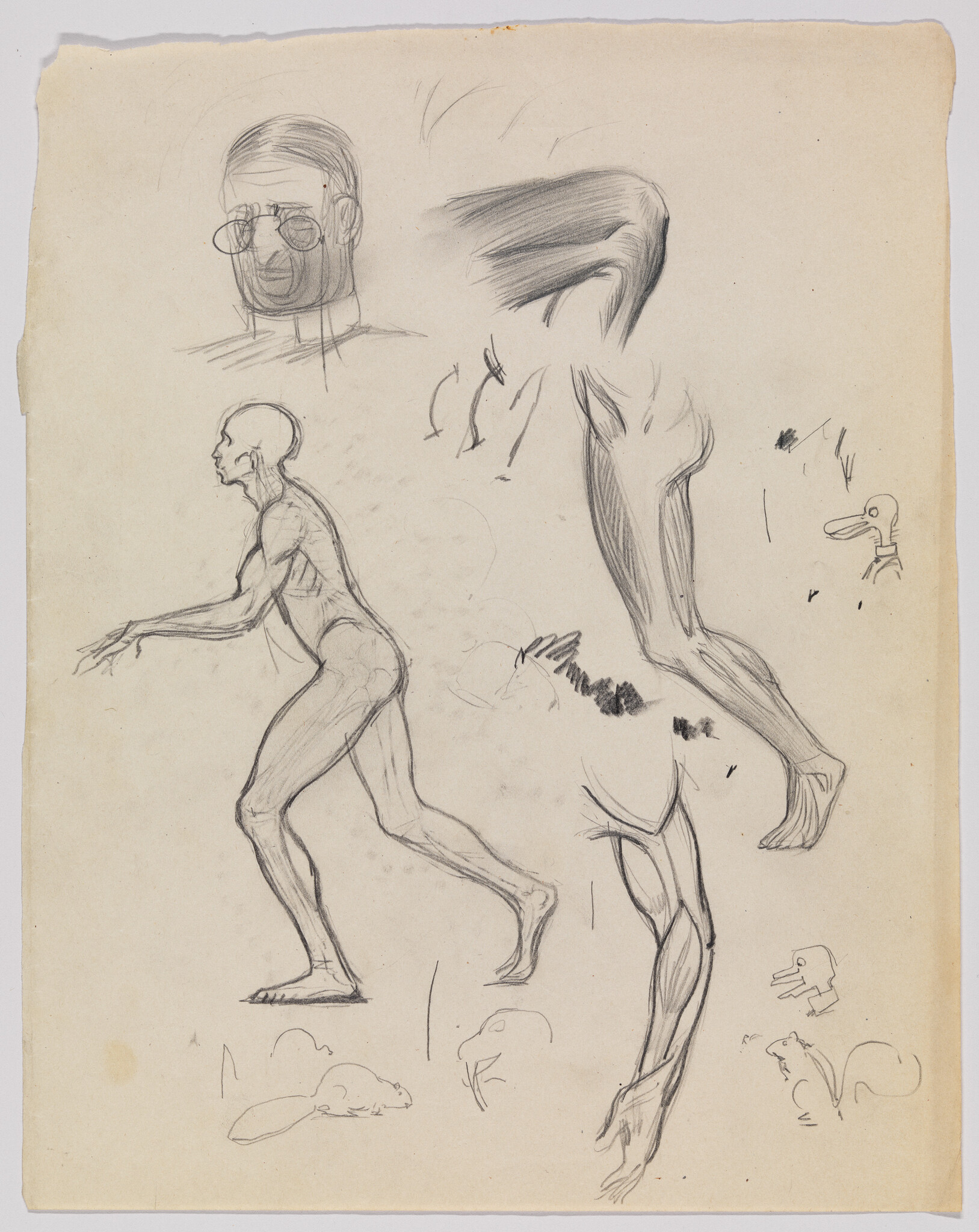 Pencil sketches showing a walking nude figure, separate leg studies, and small animal doodles.