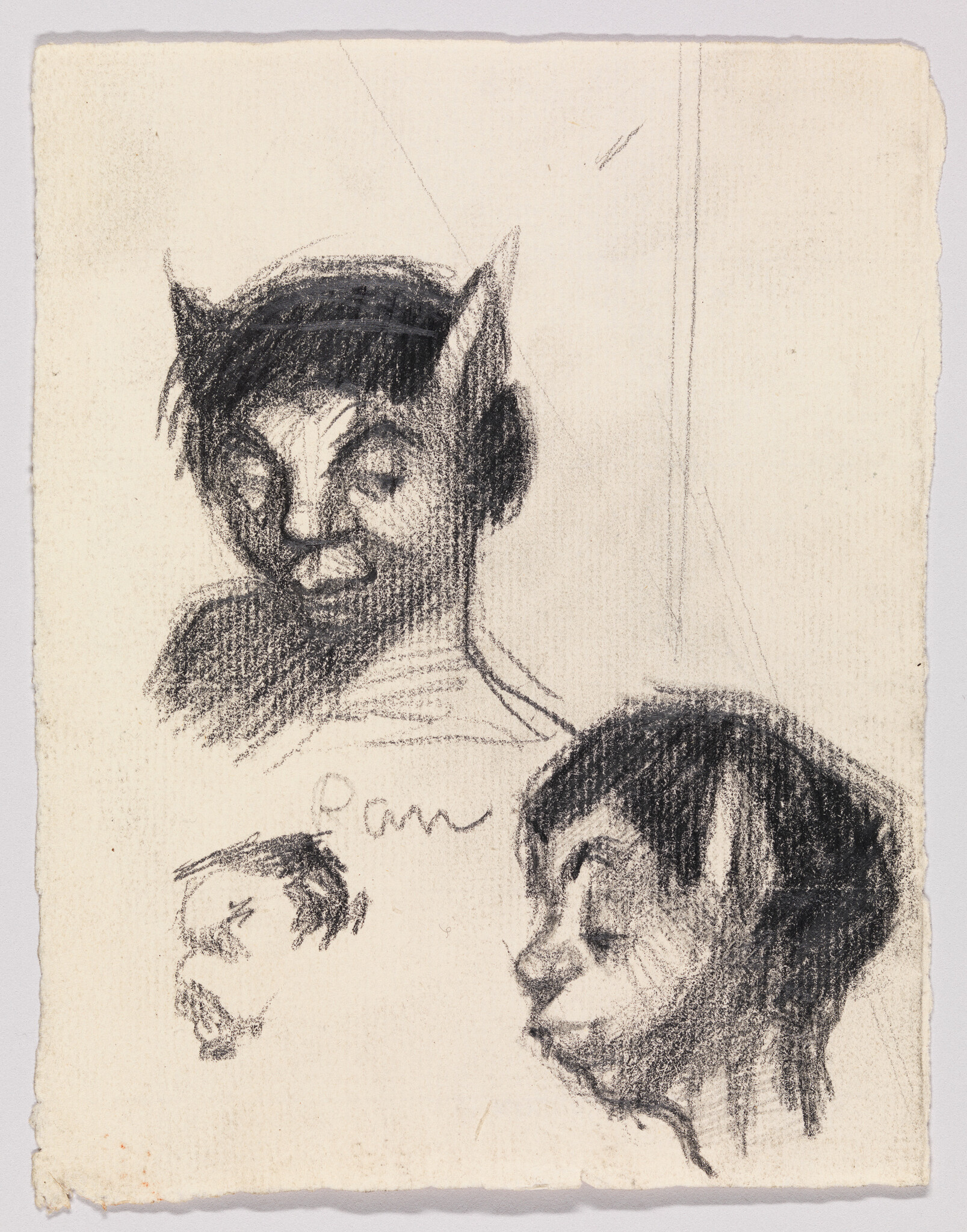 Three charcoal head sketches show two cat-eared figures and one small human profile.