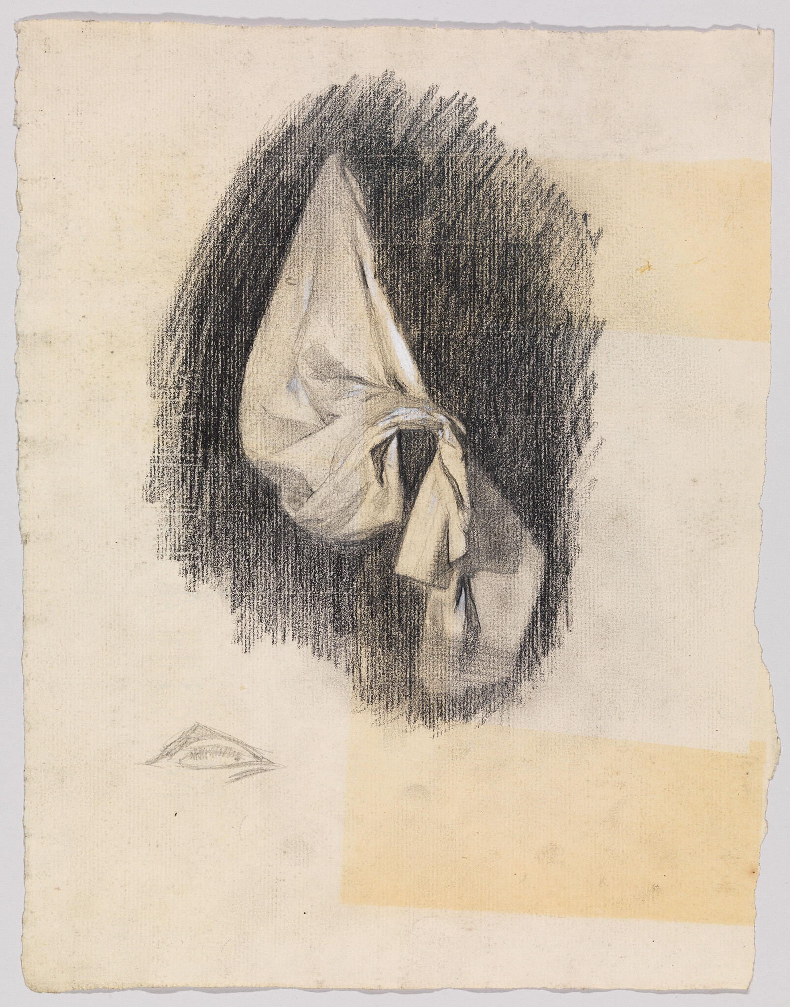 A charcoal study of a knotted cloth with strong dark shading on aged paper.