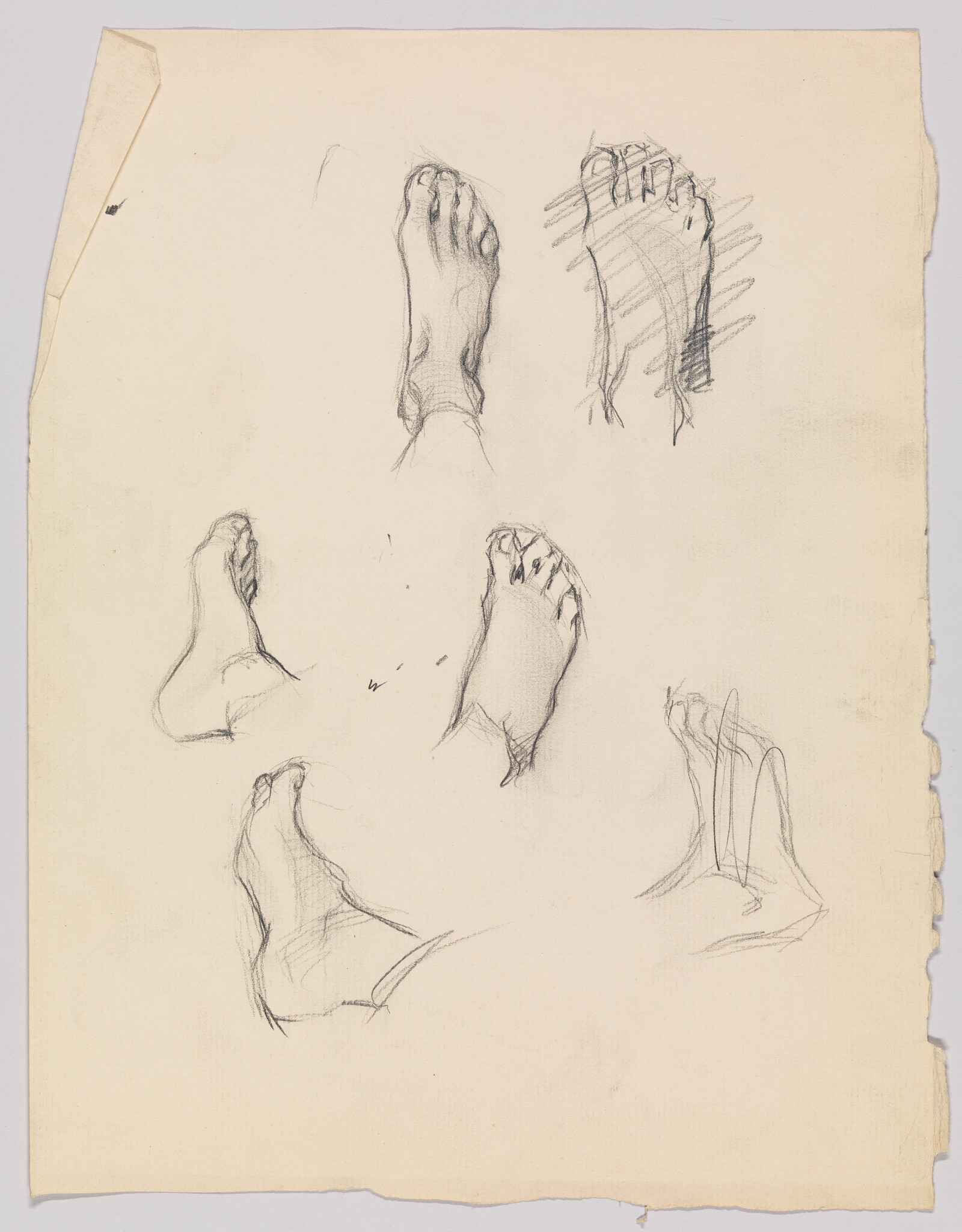 Several pencil sketches of a human foot shown from different angles on aged paper.