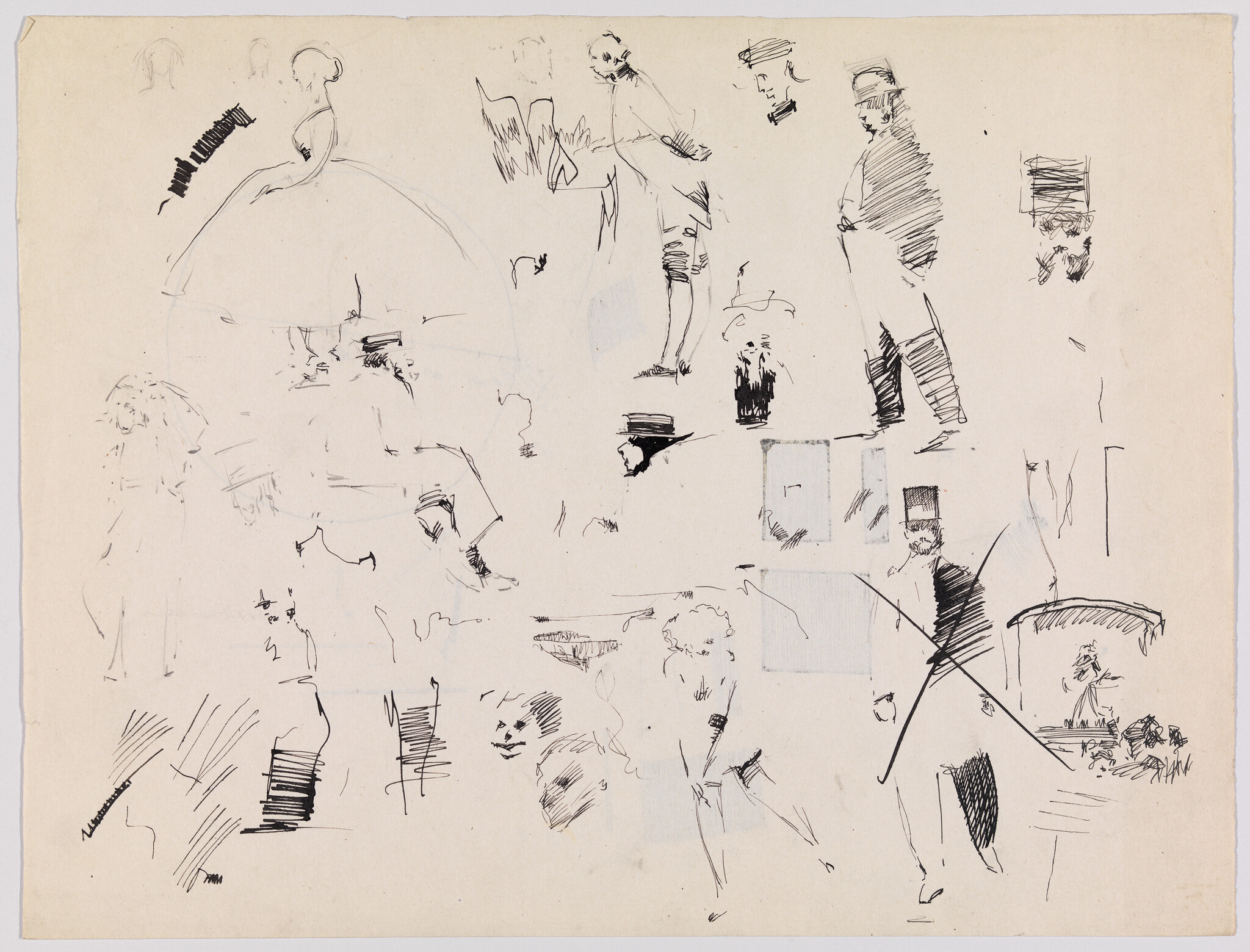 Loosely drawn ink sketches of various figures, including a woman in a large dress and men in top hats.