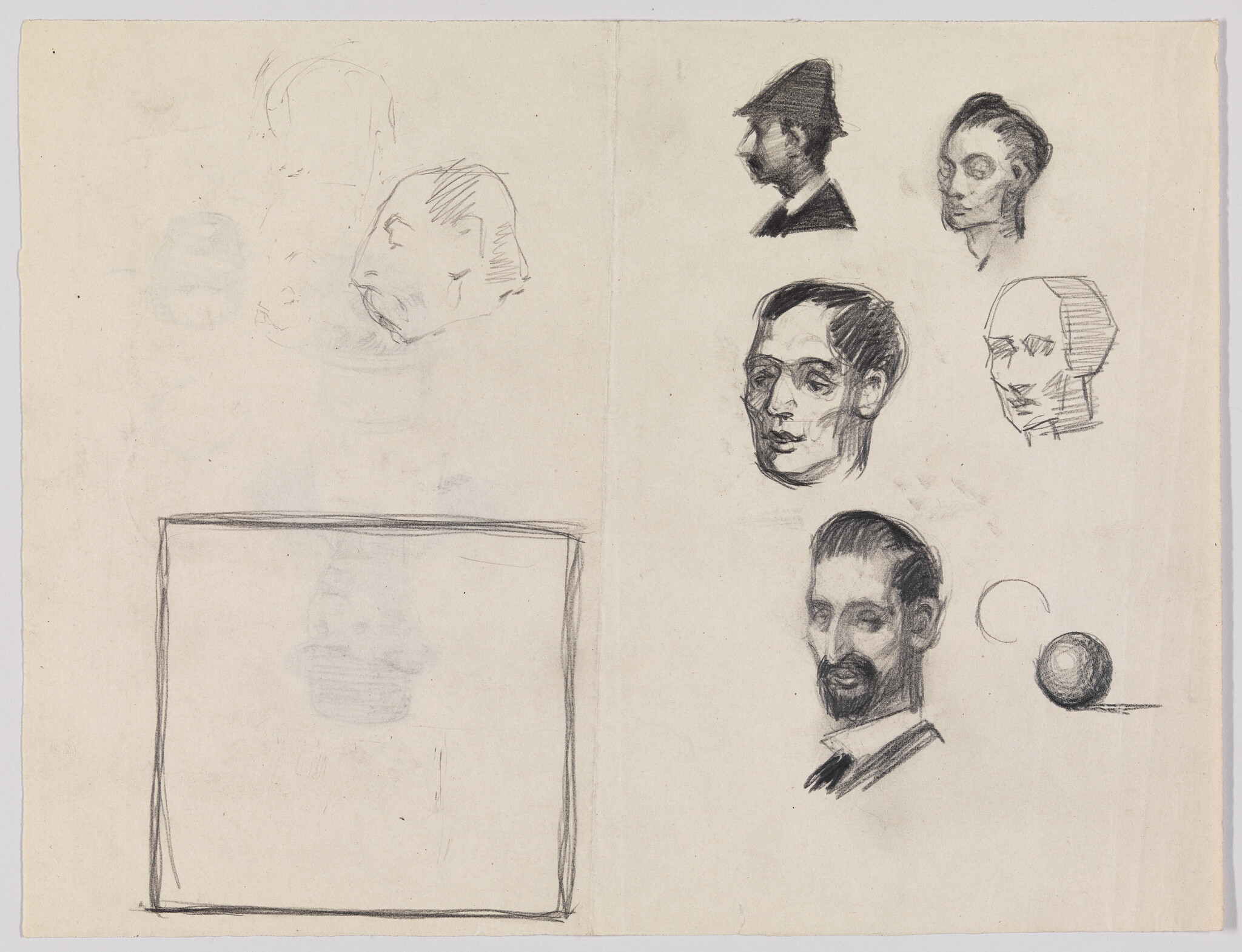 Various pencil head studies and shaded sphere arranged on a blank sketchbook page.