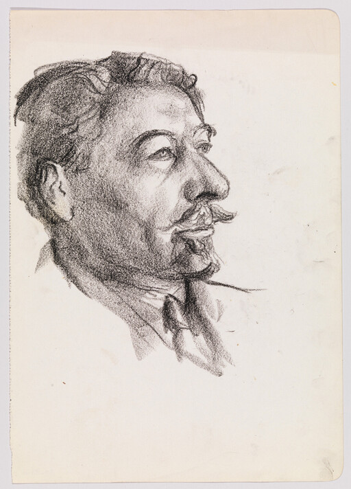 A charcoal portrait of a mustached man in profile gazing to the right.