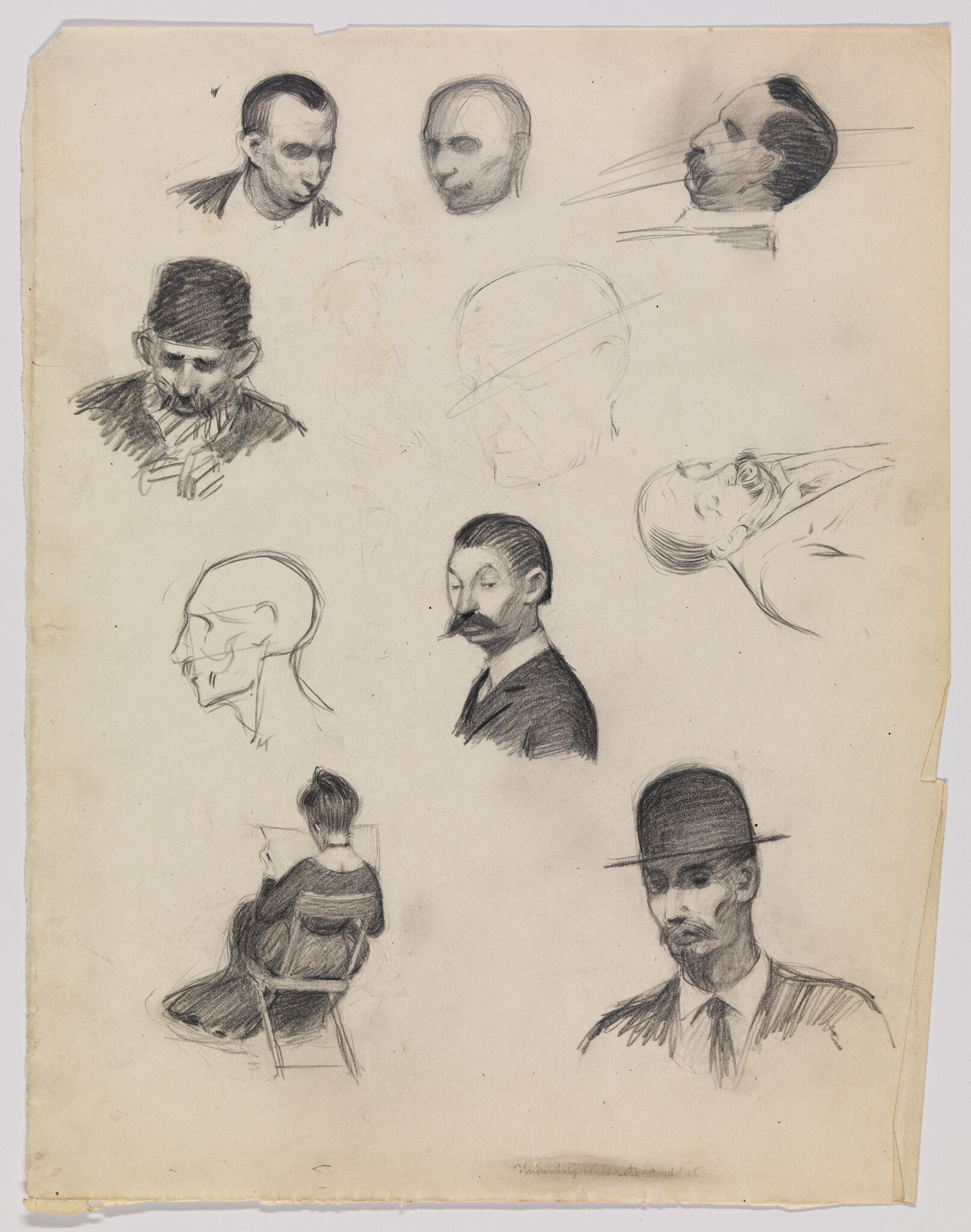 Multiple pencil sketches showing men's heads and a seated woman reading on a single sheet of paper.