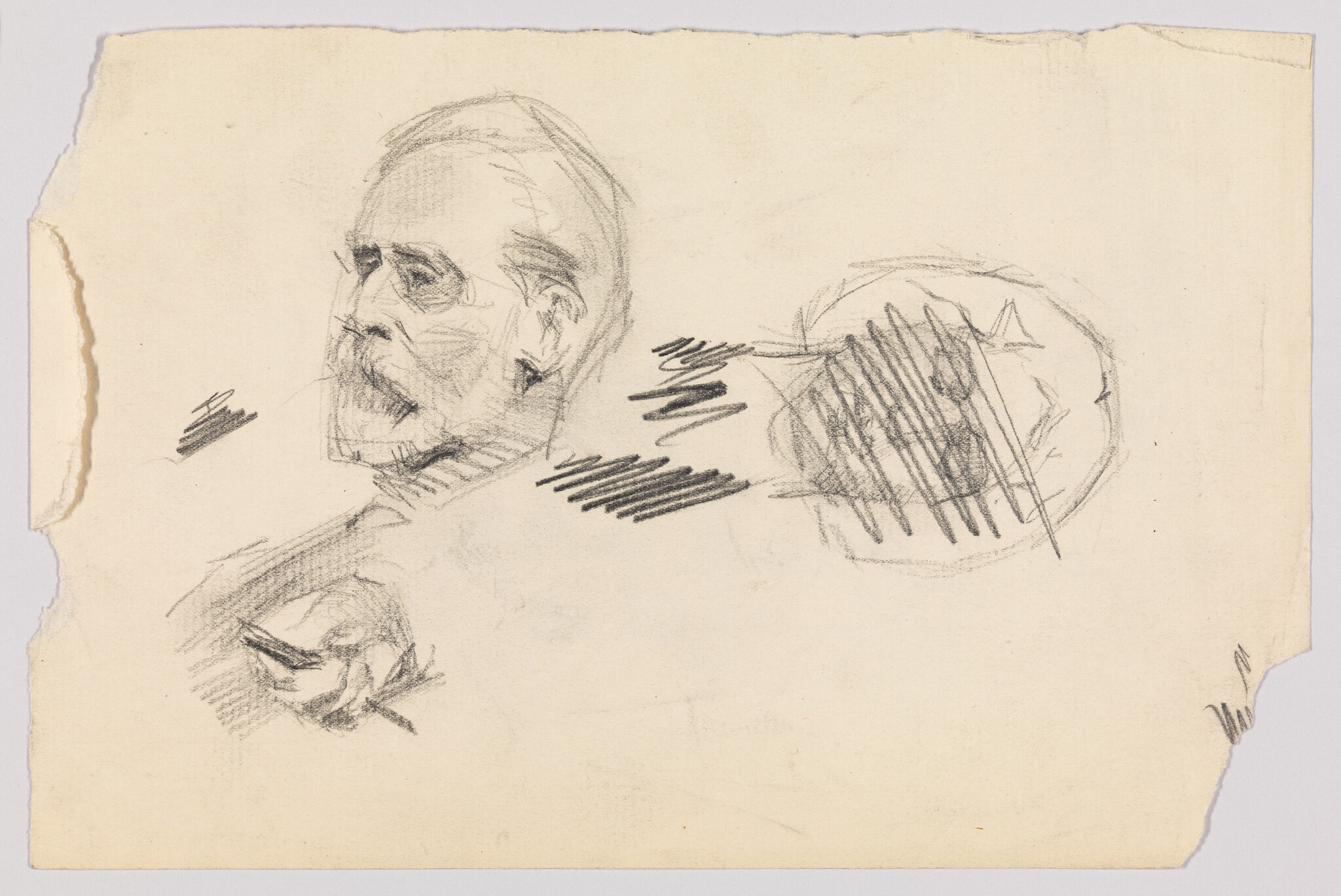 A pencil sketch showing an older man's profile head with rough shading and scribbled marks.