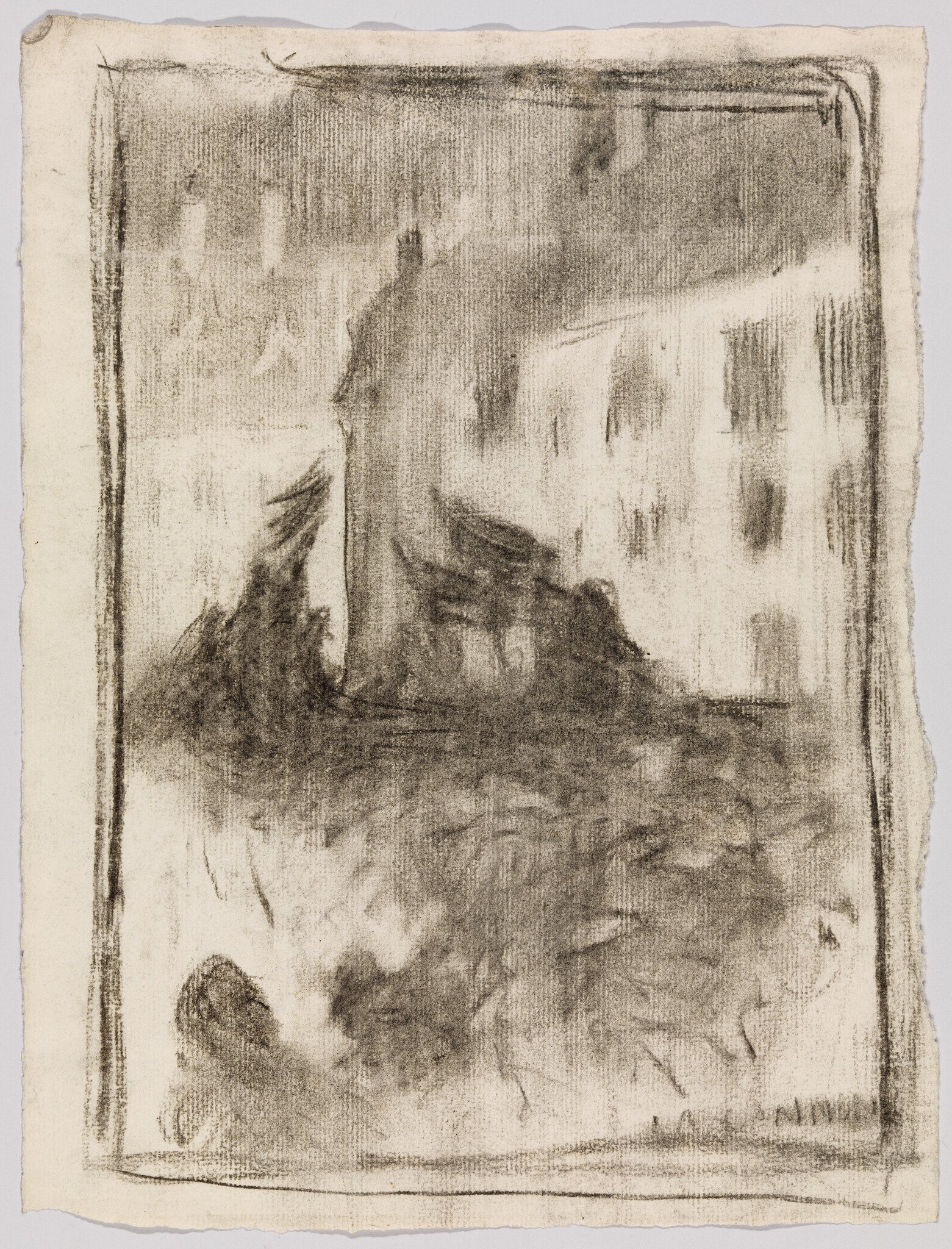 Rough charcoal sketch of a tall tree stump or rock formation in a misty landscape.