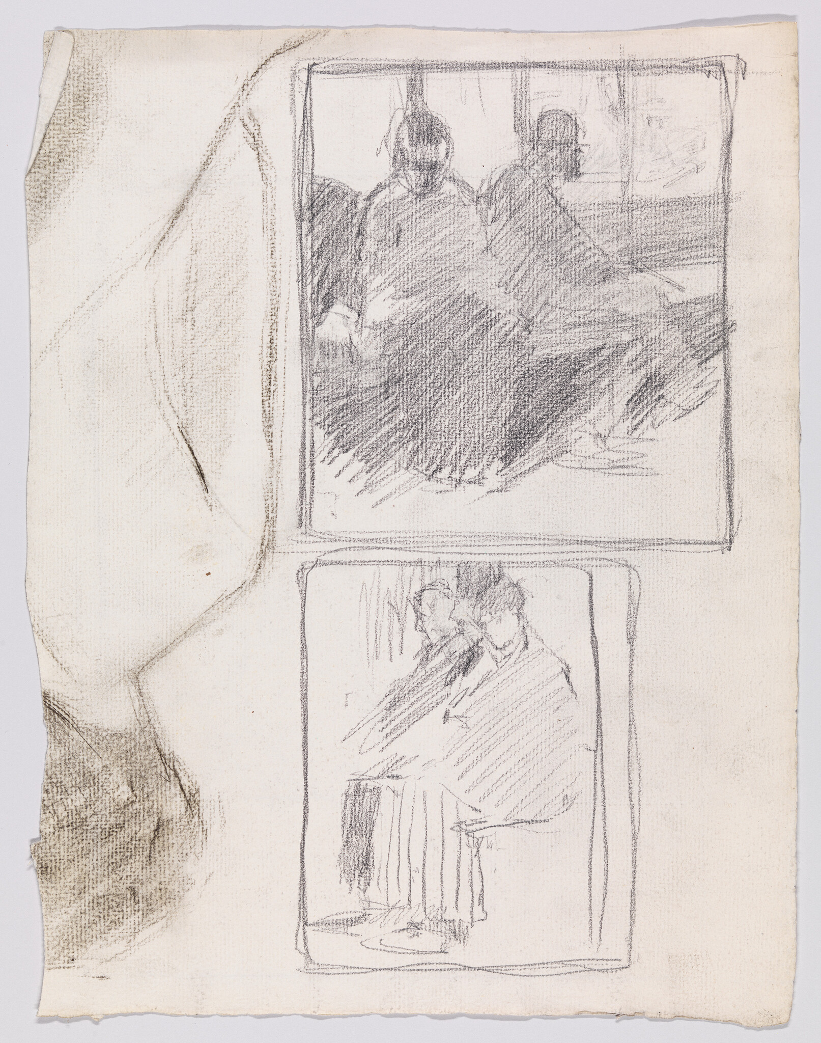 Two rough pencil sketches showing pairs of seated figures inside rectangular frames.