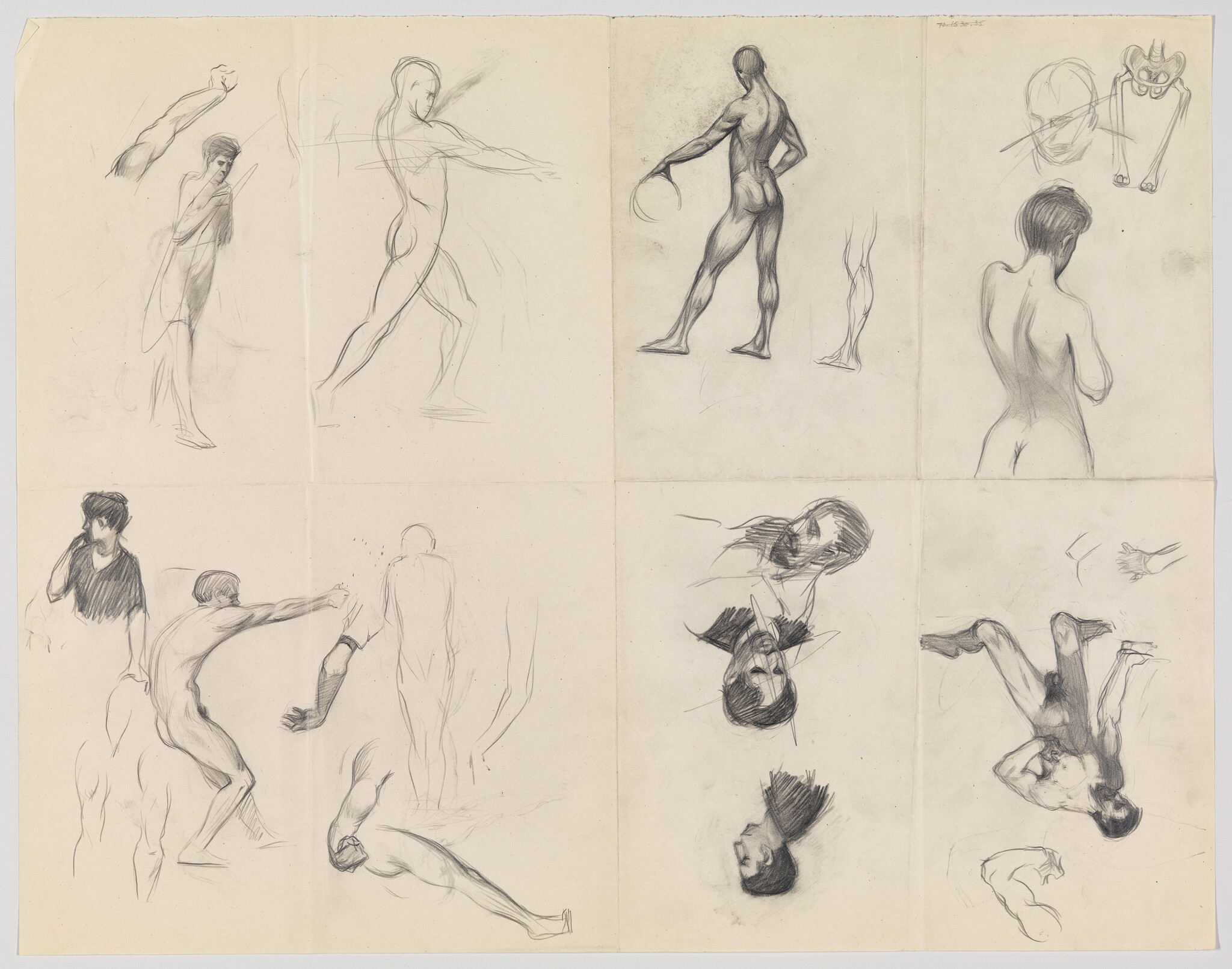 Several pencil sketches of male and female figures in various action and standing poses.