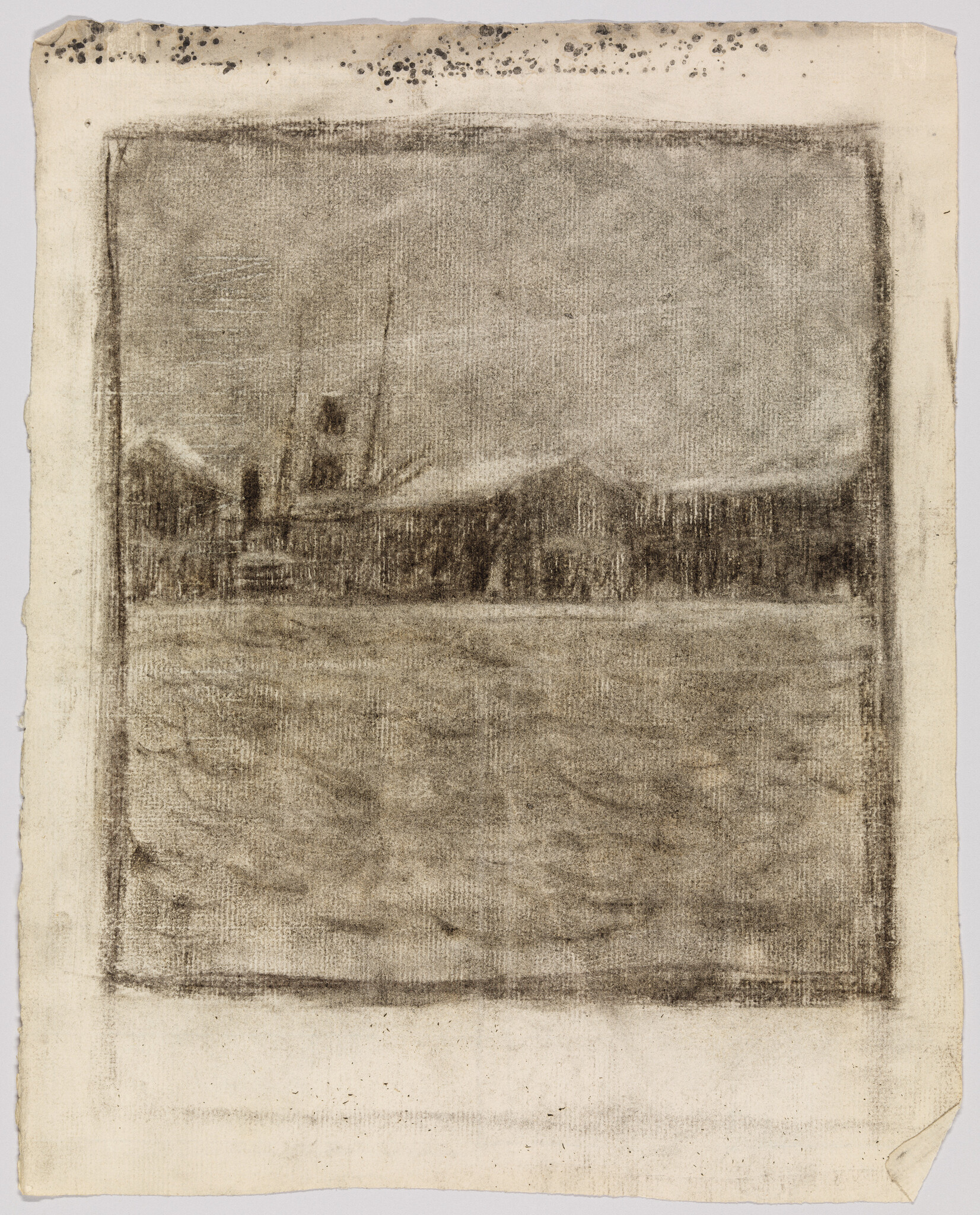 Faded charcoal sketch of a shoreline with buildings and tall church spires across calm water.