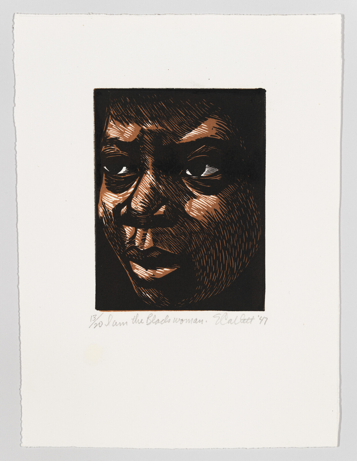 A close-up print of Black woman's face looking off to the side.