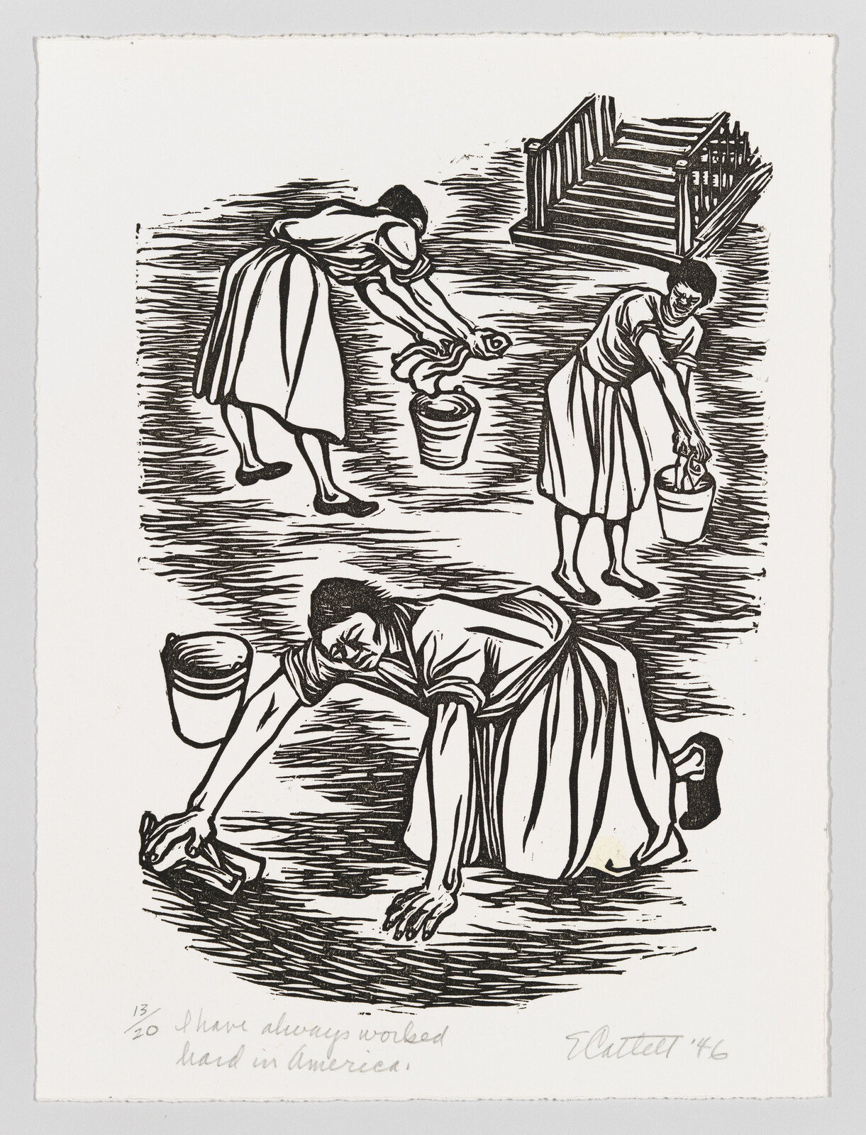 A Black woman on all fours scrubbing the floor with a rag, while two other women ring out rags in the background.