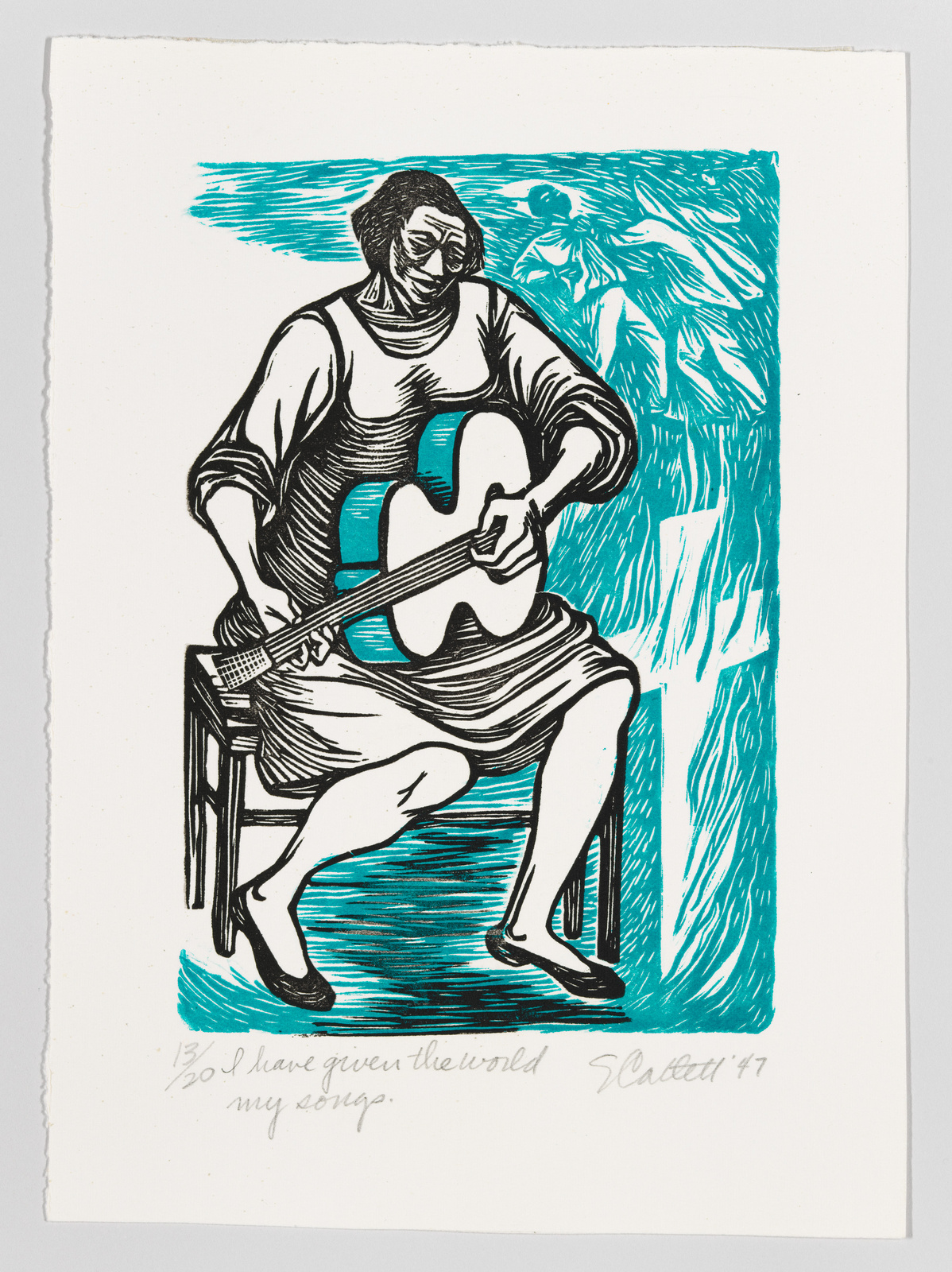A Black woman sitting on a chair and playing guitar, printed in black, with teal depictions of violence against a Black man.