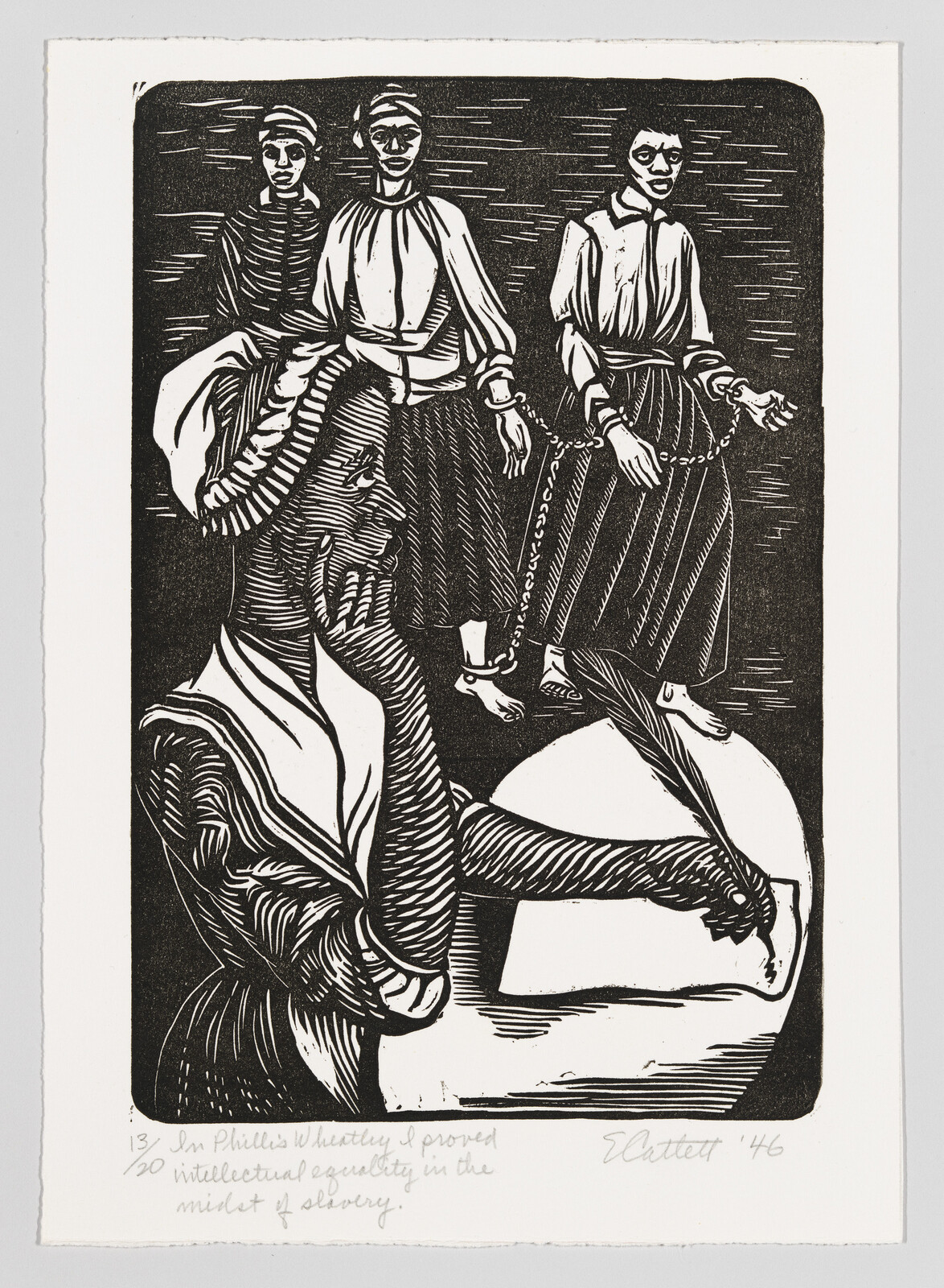 Philis Wheatley with a pensive look, writing with a feather, with three shackled women in the background.