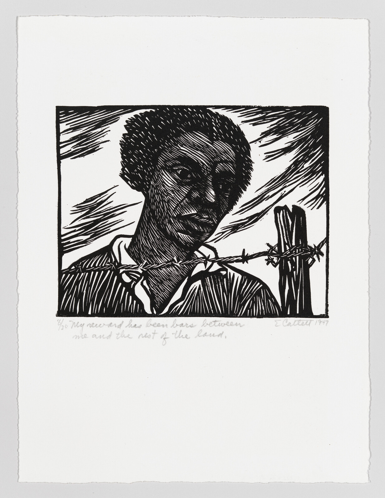 A Black person, composed of lines, looks beyond the barbed wire that crosses the foreground 