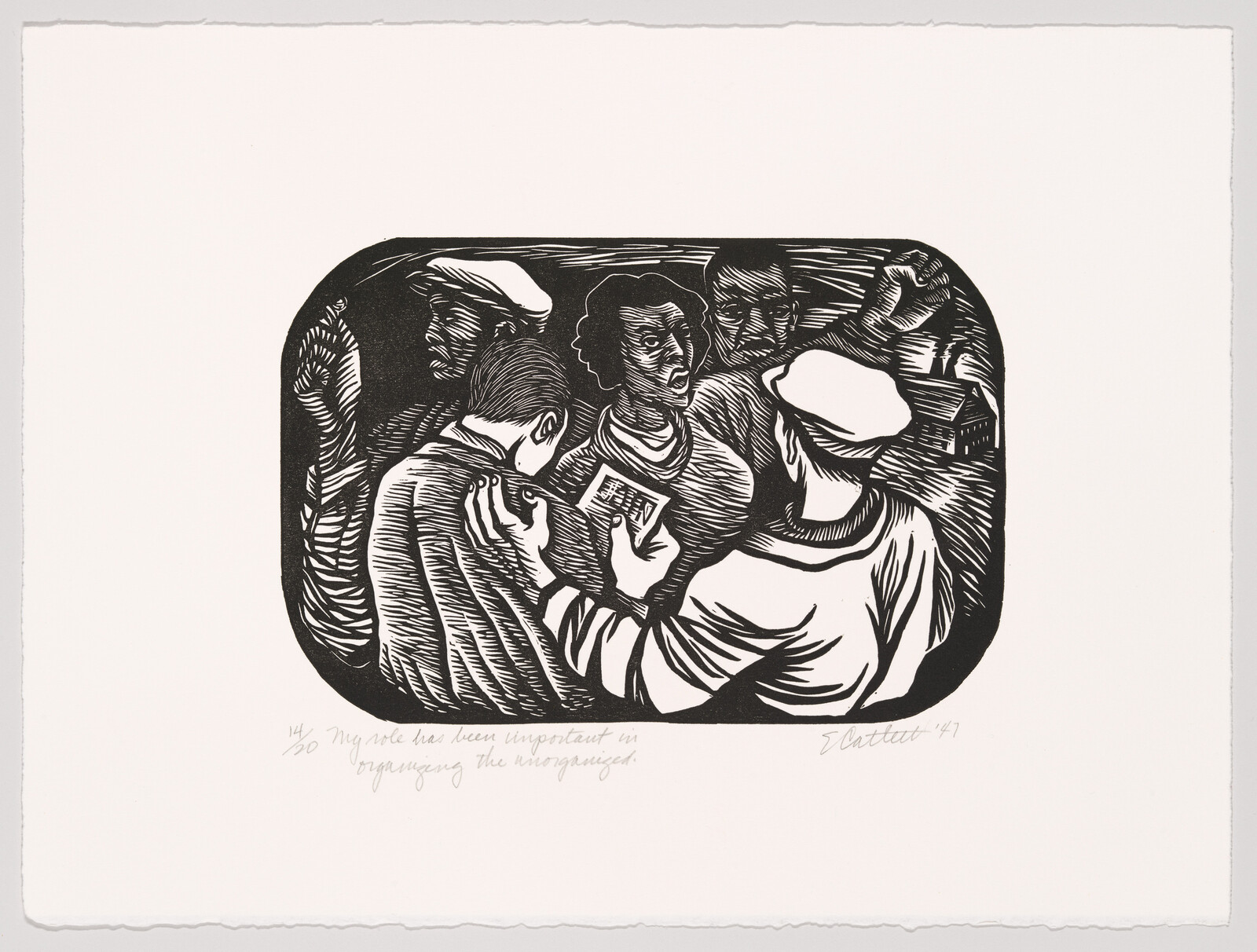 A group of people engaged in a discussion, one holding a paper, with intense expressions.