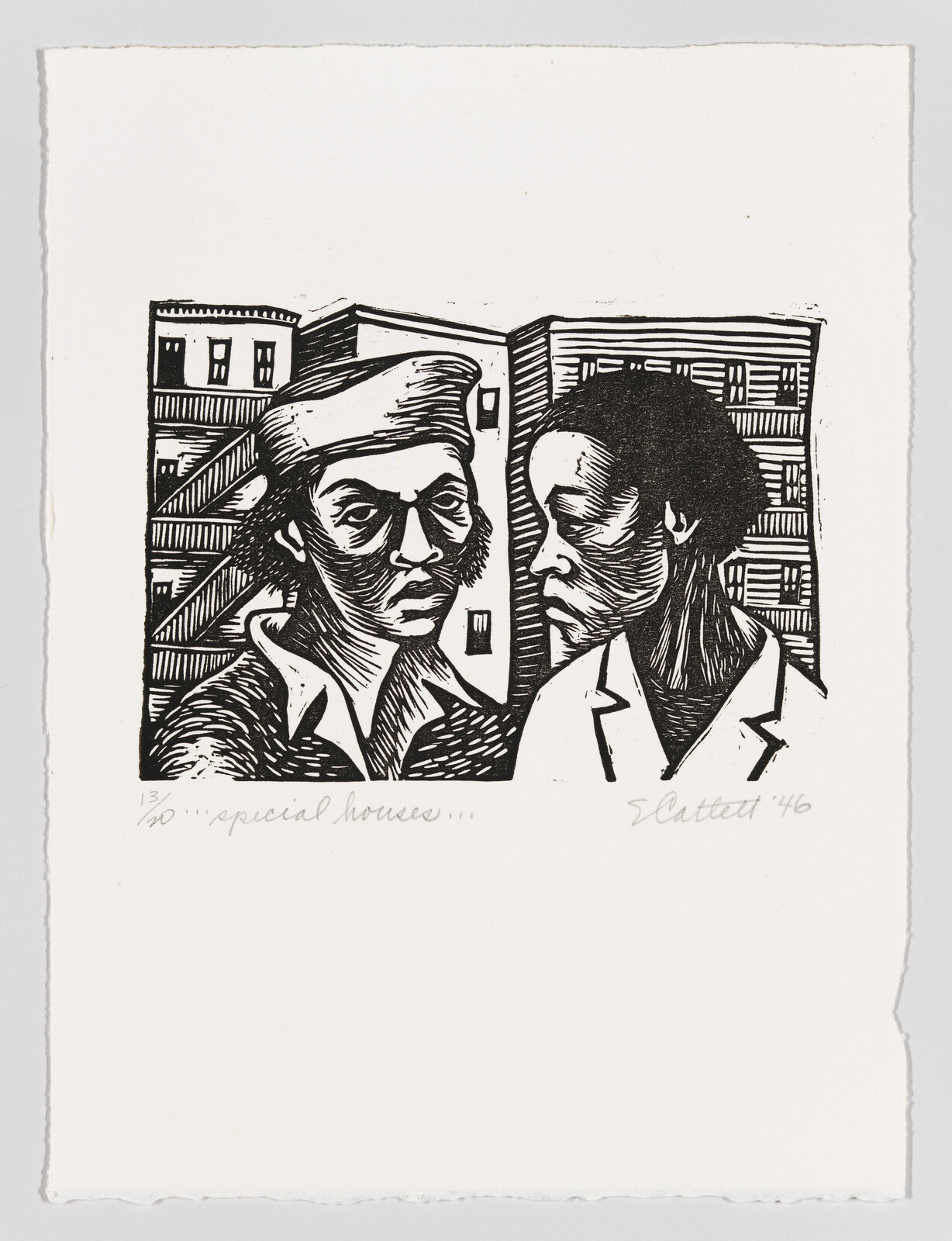 Two frowning Black figures stand before a row of apartment buildings.