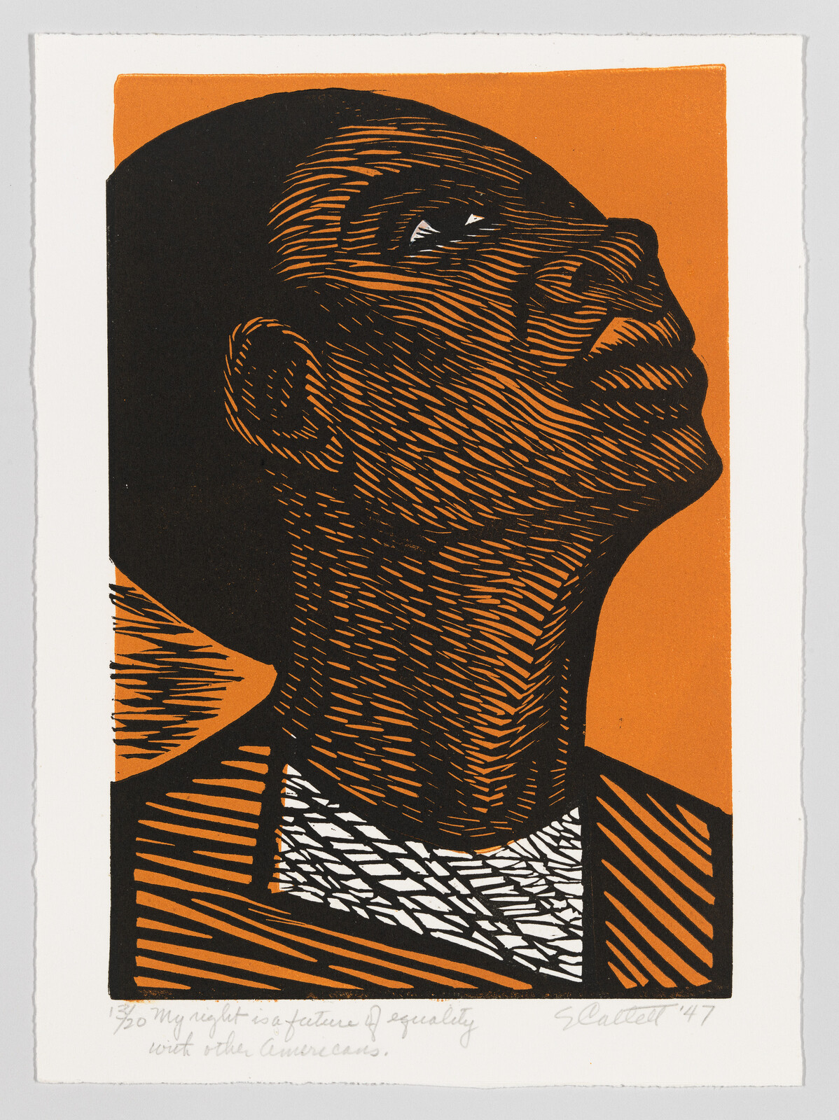 A Black woman cast in orange with raised head and eyes turned up.