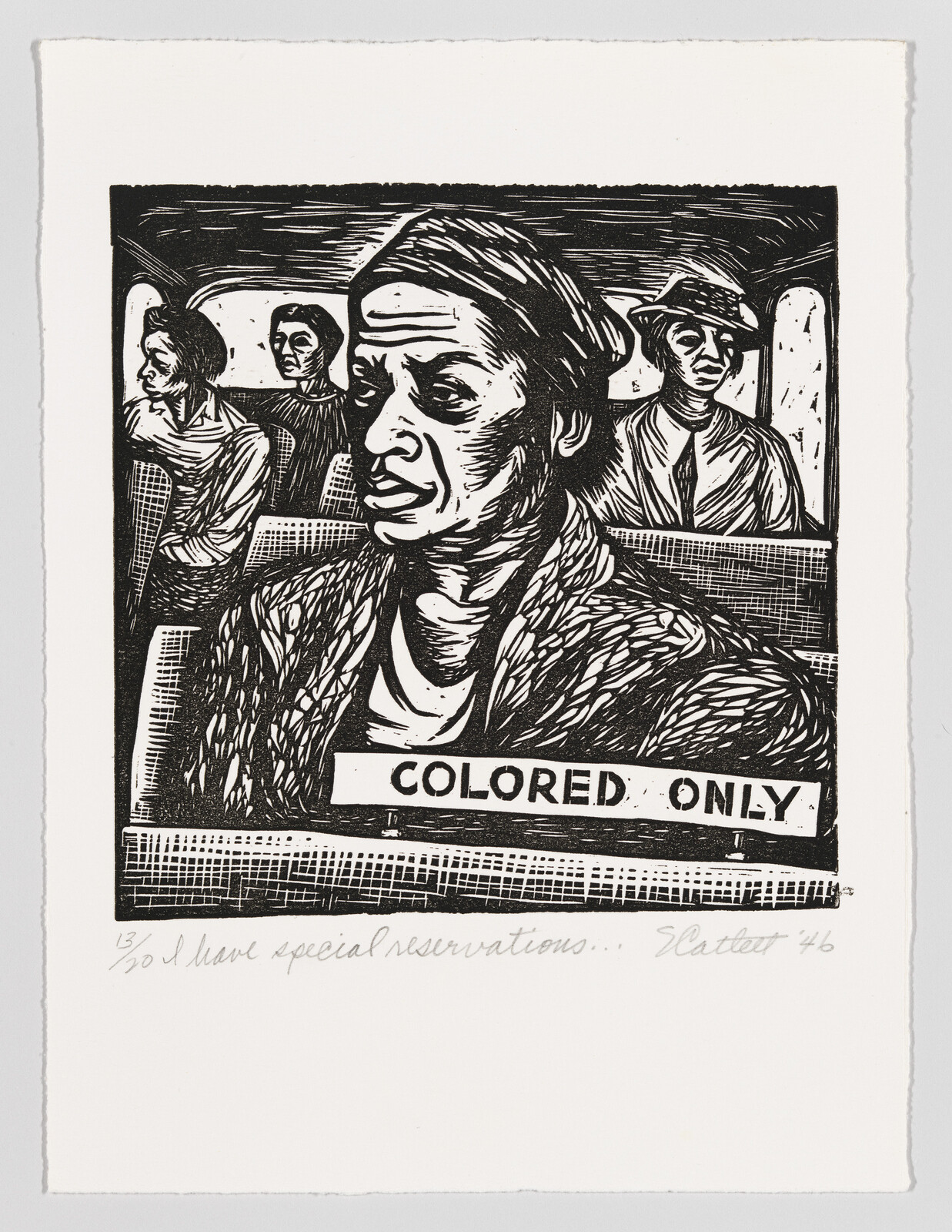 A person sitting in a bus behind a "Colored Only" sign with a contempt expression, with three other people in the background.