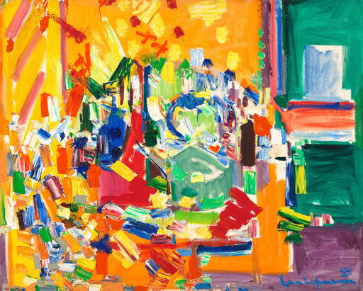 Bright abstract painting filled with energetic, multicolored brushstrokes and fragmented geometric shapes.