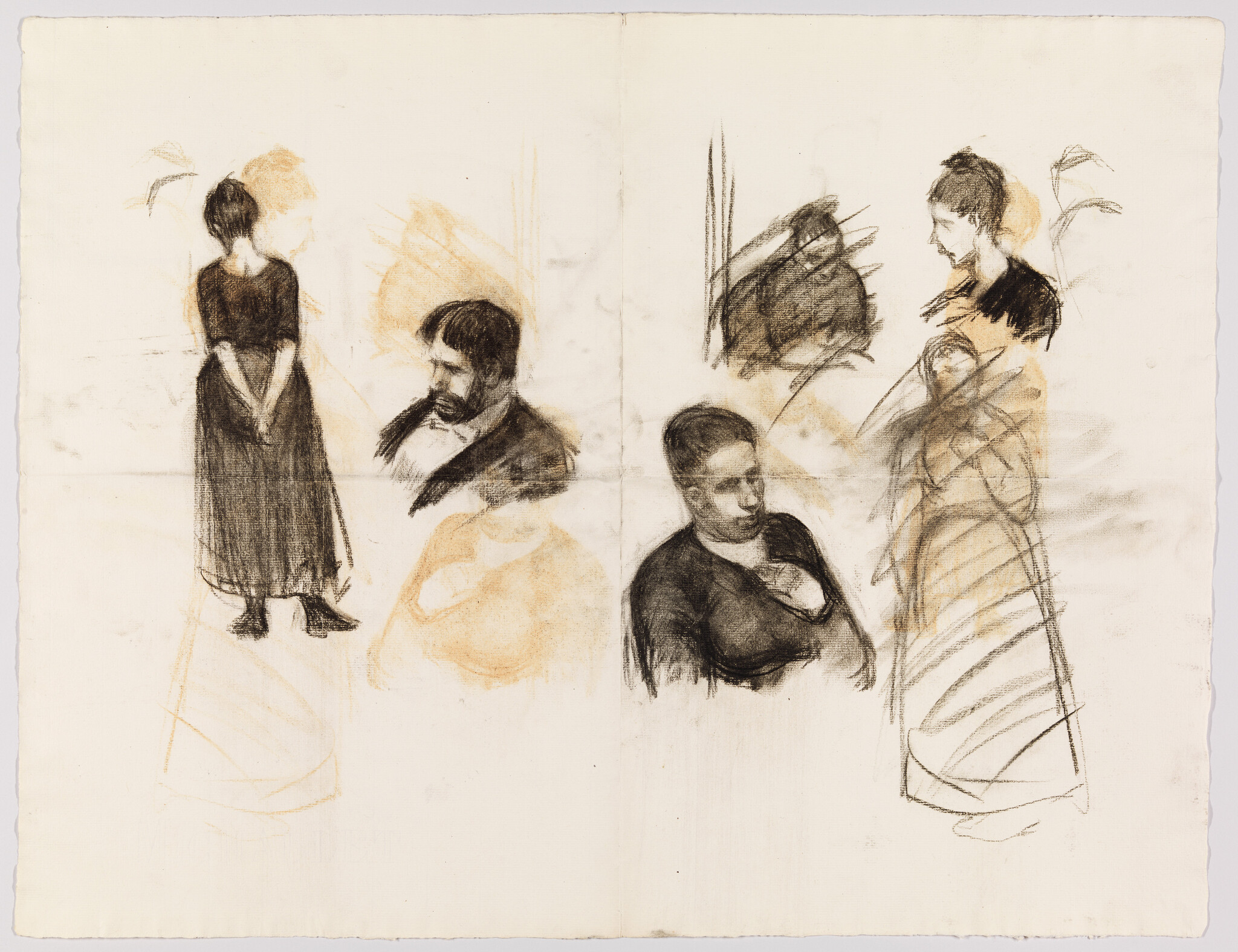 Several charcoal sketches show two standing women and two seated figures in loose poses.