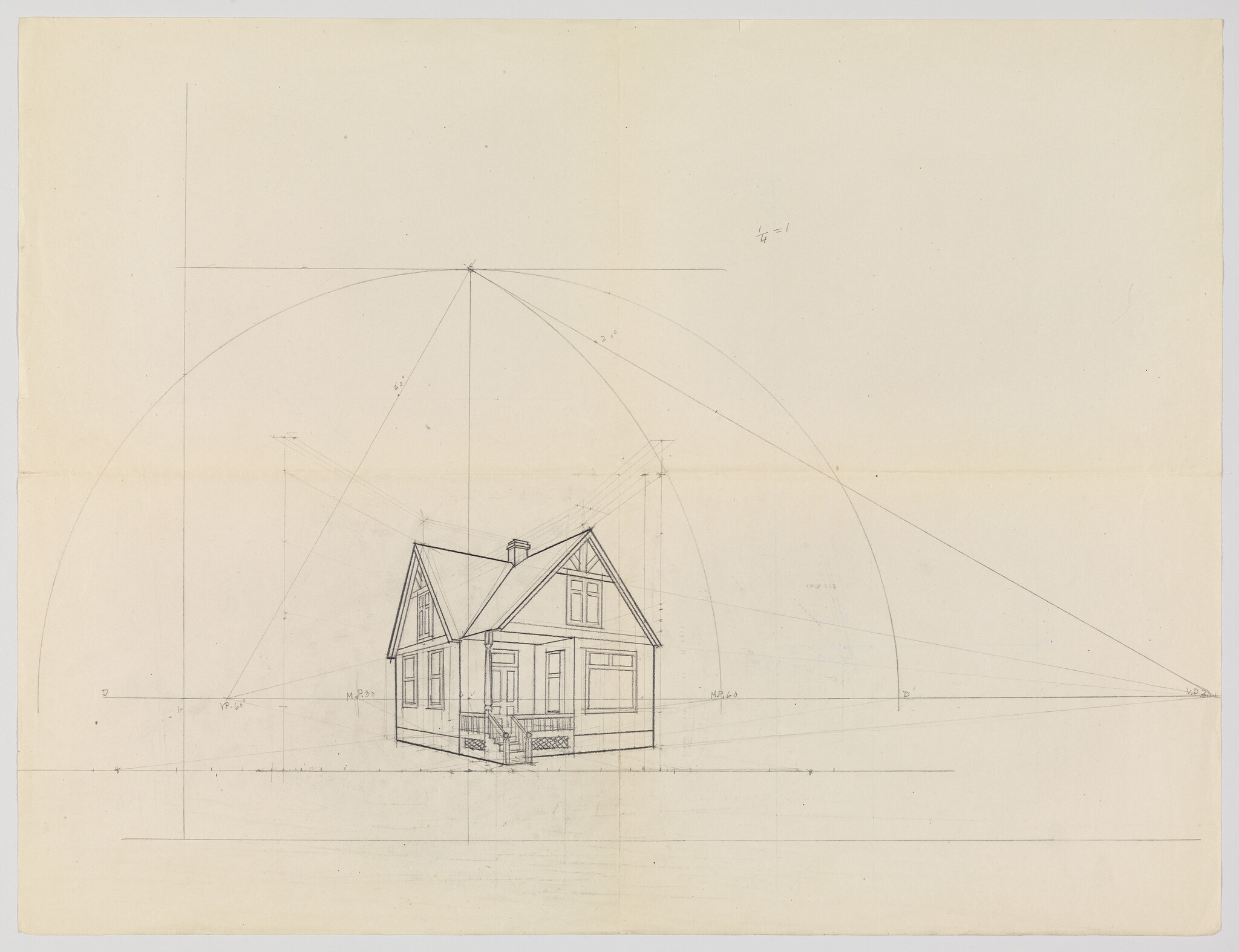 A detailed pencil perspective drawing of a small gabled house with construction lines and arcs.