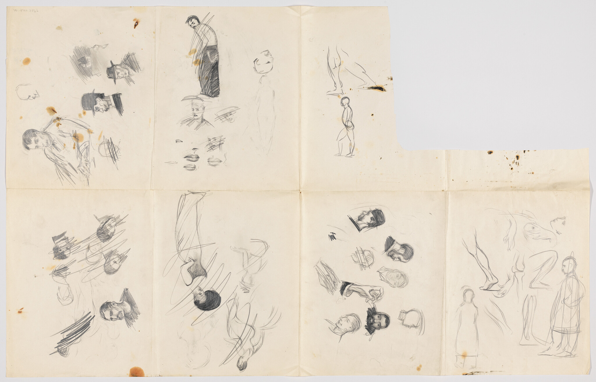 Large sheet with many small pencil sketches of faces, figures, and smudges and stains.