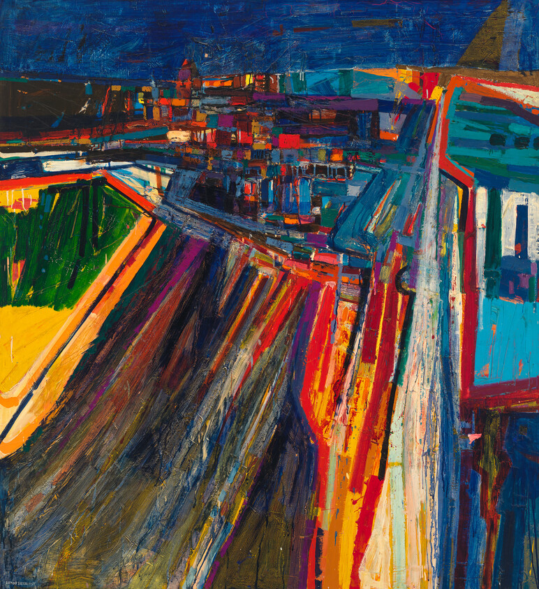 Vivid abstract painting of a road leading toward a colorful town under a deep blue sky.