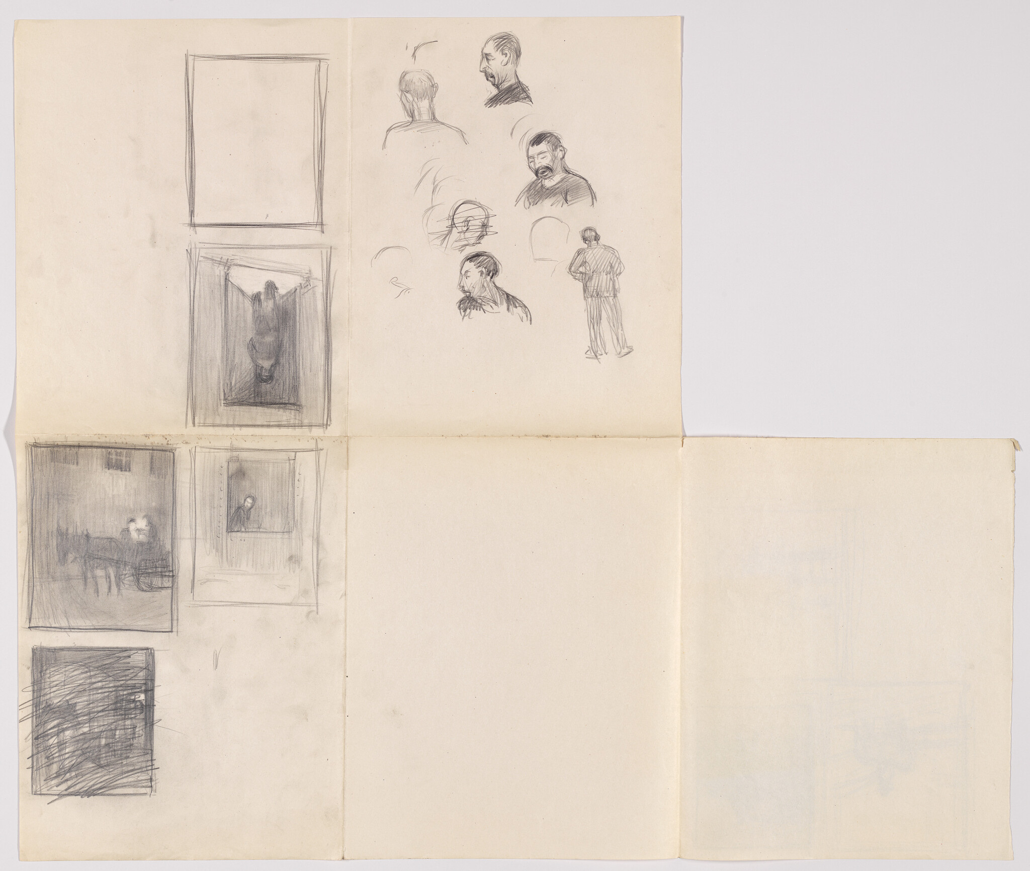 Sketchbook page showing small framed figure studies and several quick head and back sketches.