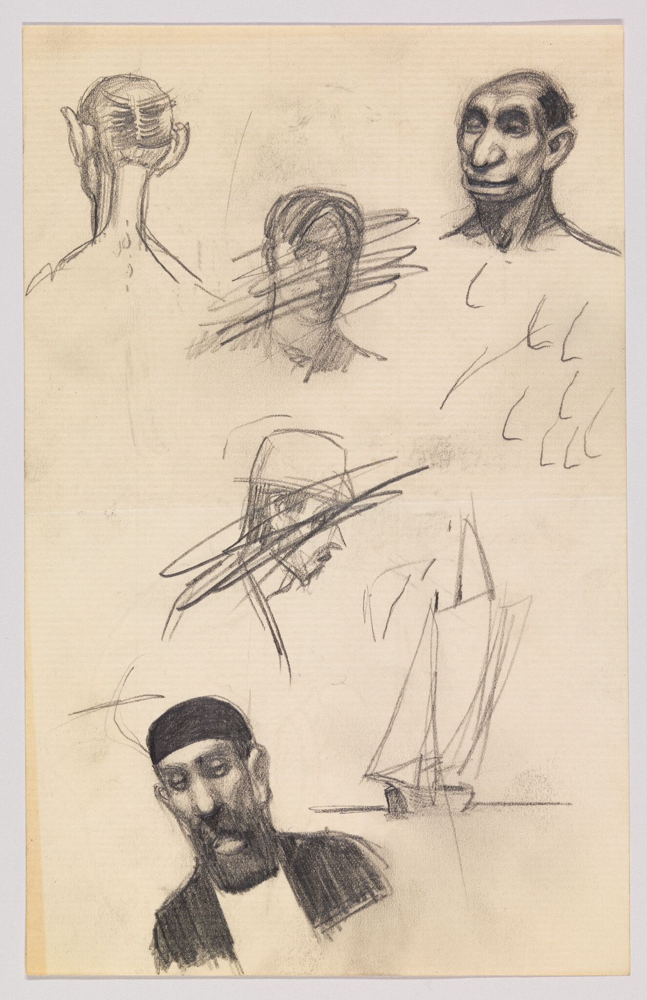A sketch page with various pencil drawings including a figure from behind with a focus on the head, a side profile with lines across the face, a front-facing character with an exaggerated facial expression, abstract lines and shapes, a rough sketch of a sailboat, and a detailed portrait of a man with a beard and headwear at the bottom. The sketches appear exploratory, with a mix of human features and gestures on a cream-colored paper.
