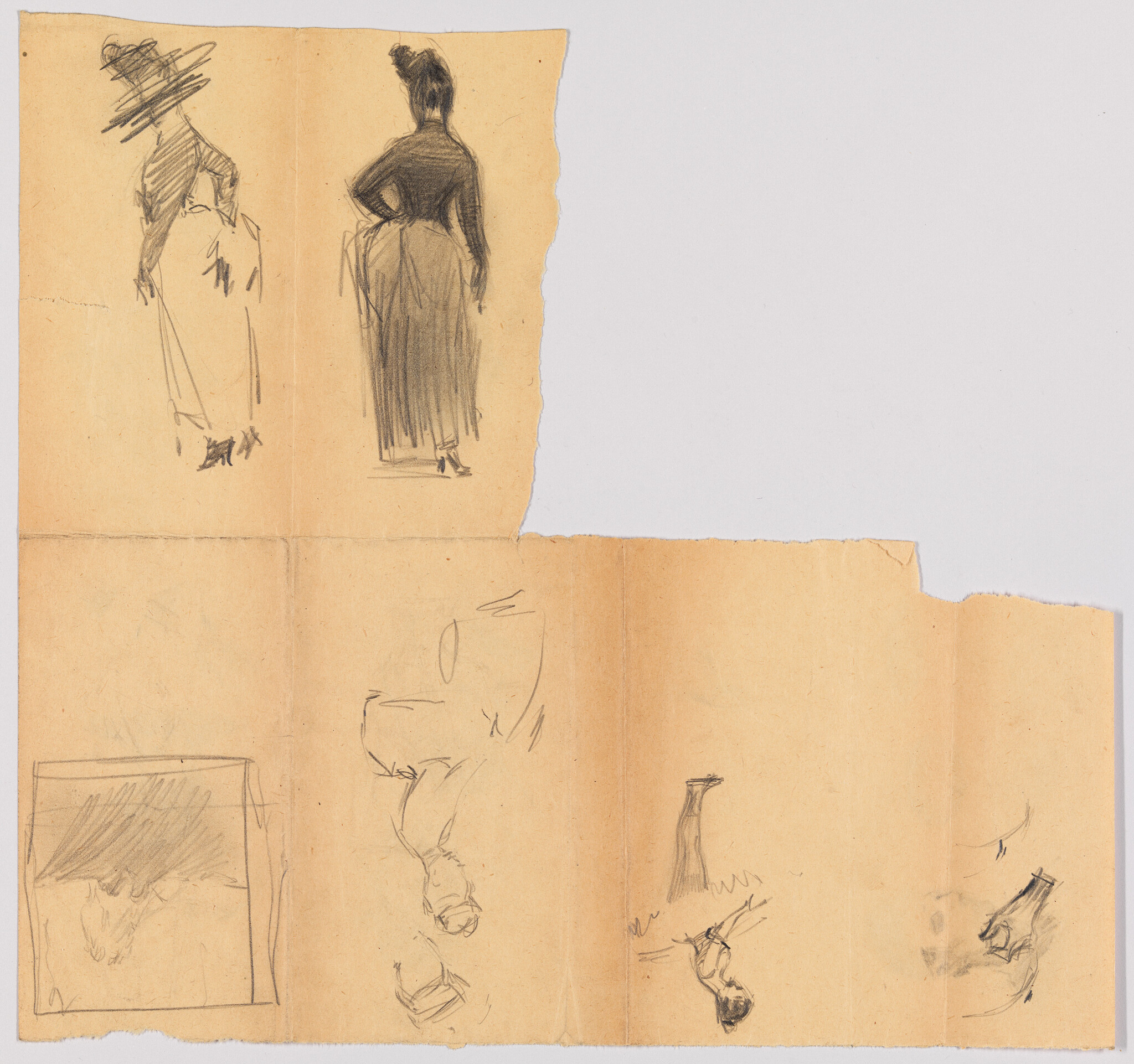 Two pencil sketches of women standing with hands on hips on torn paper sheet.