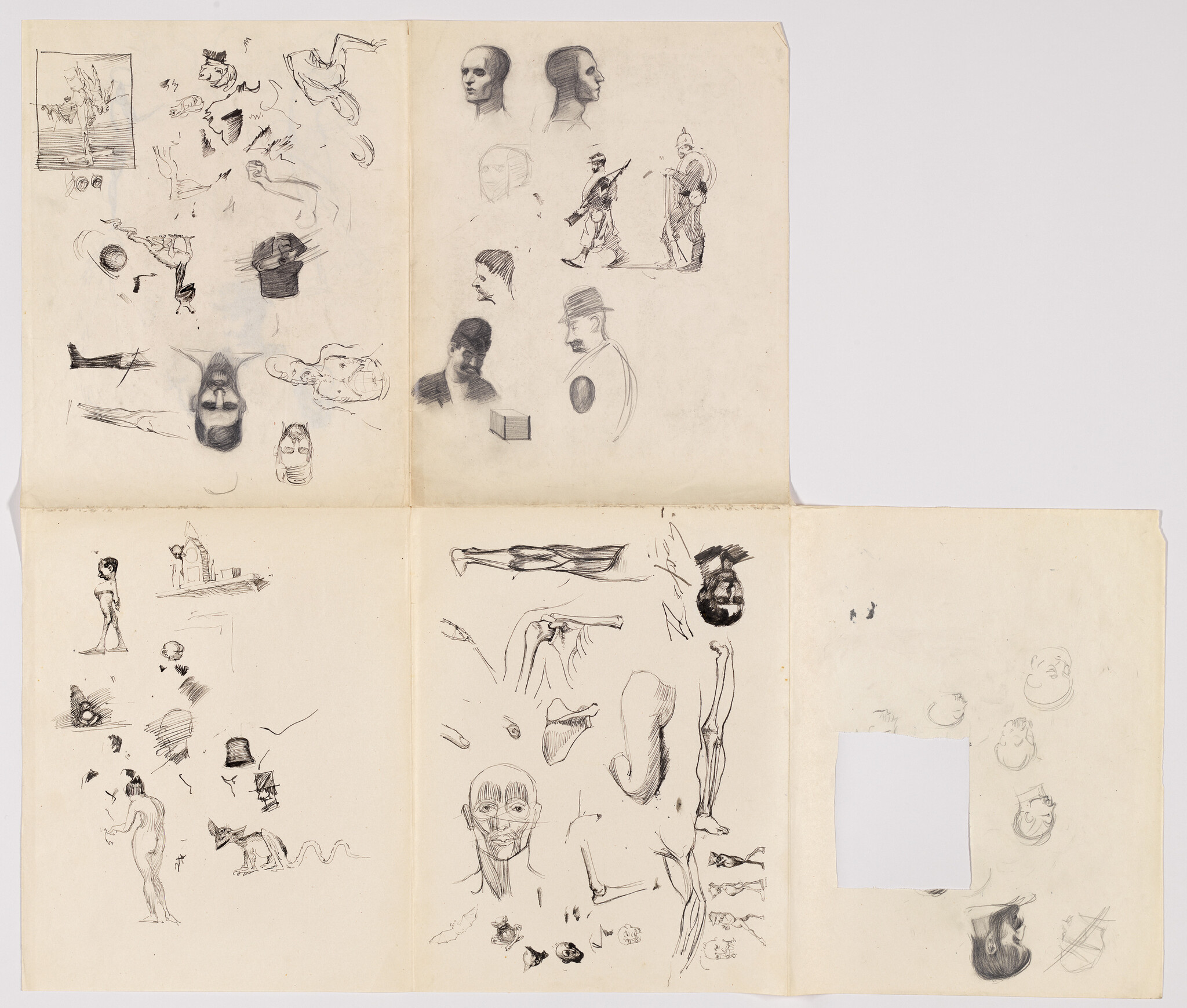 A collage of various sketches on a folded, four-panel paper. The drawings include a mix of subjects such as human figures, faces, anatomical studies, animals, and miscellaneous objects. Some sketches are more detailed, while others are rough outlines. The paper appears aged, and one of the panels has a blank square where a drawing may have been removed or covered.
