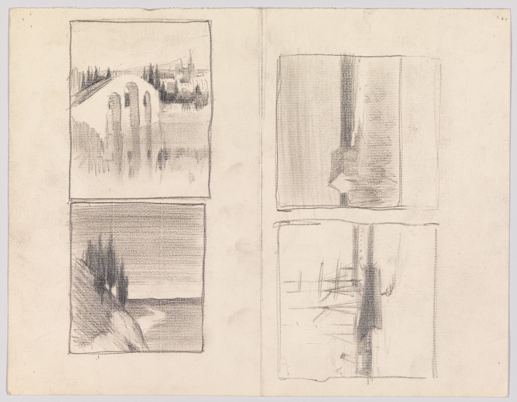 Four small pencil landscape sketches including a bridge over water and a coastal cliff.